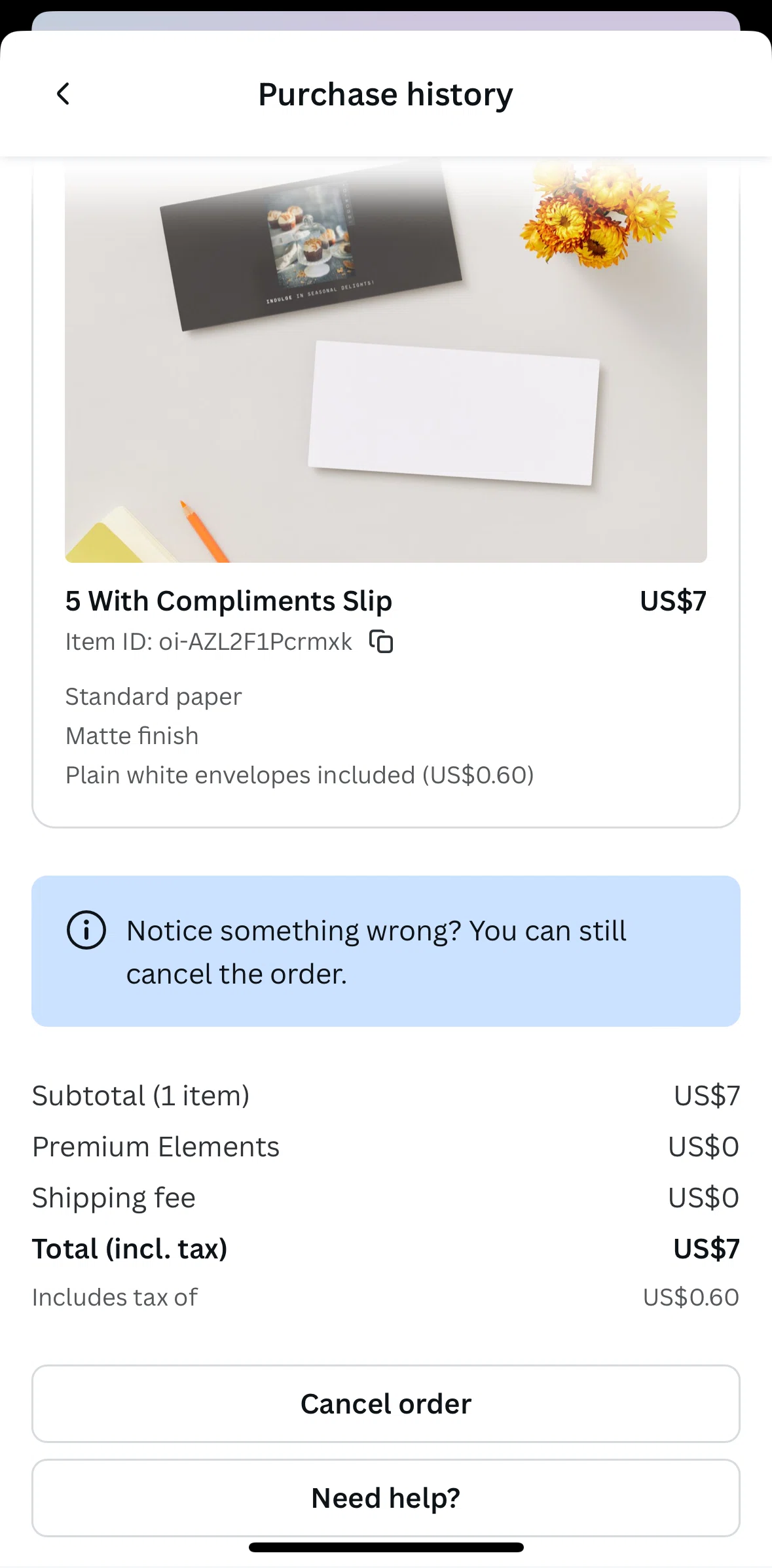 Canva Screen screen in the Canceling an order flow