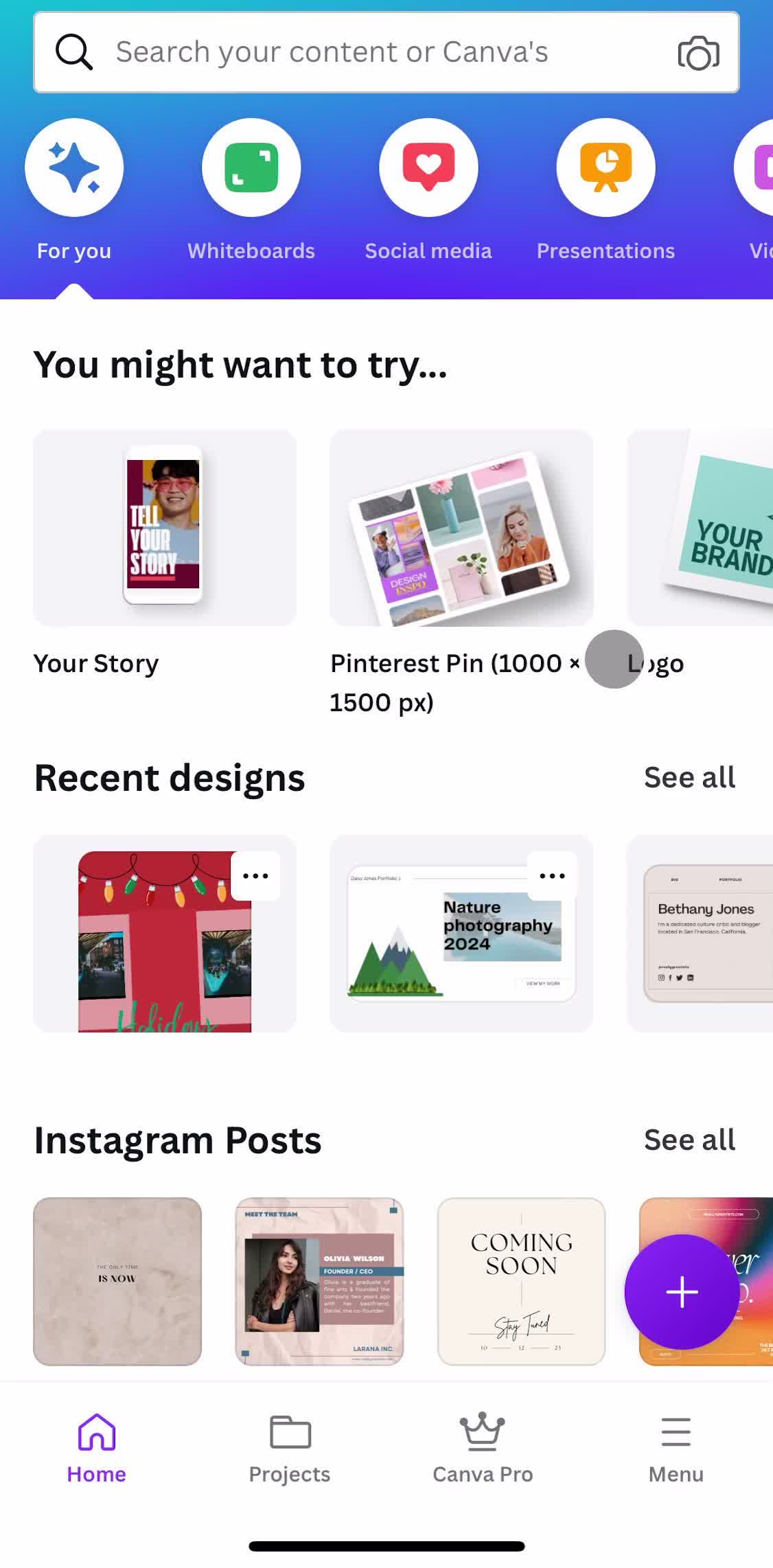 Canva Home screen in the Commenting flow