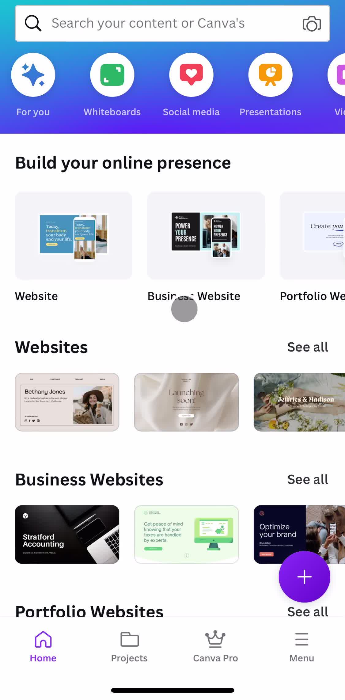 Canva Home screen in the Creating A Design flow