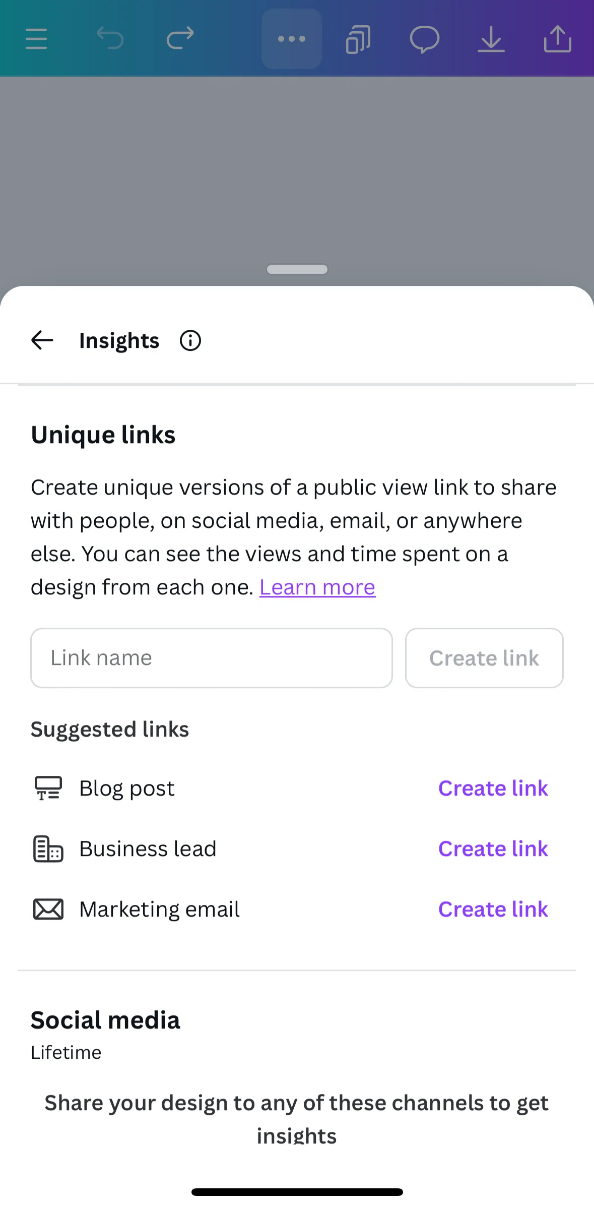 Canva Screen screen in the Creating a unique link flow