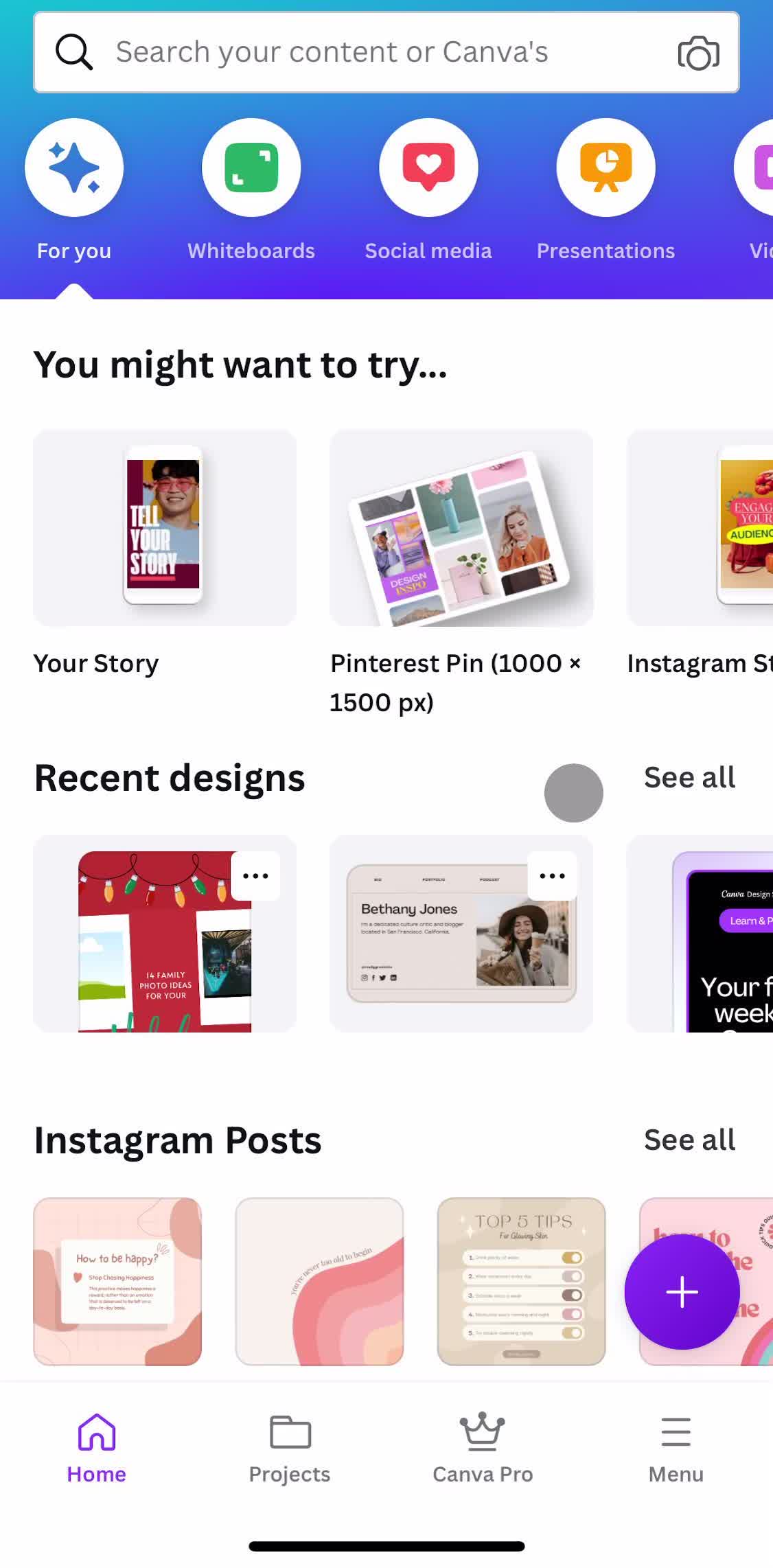 Canva Home screen in the Creating A Website flow