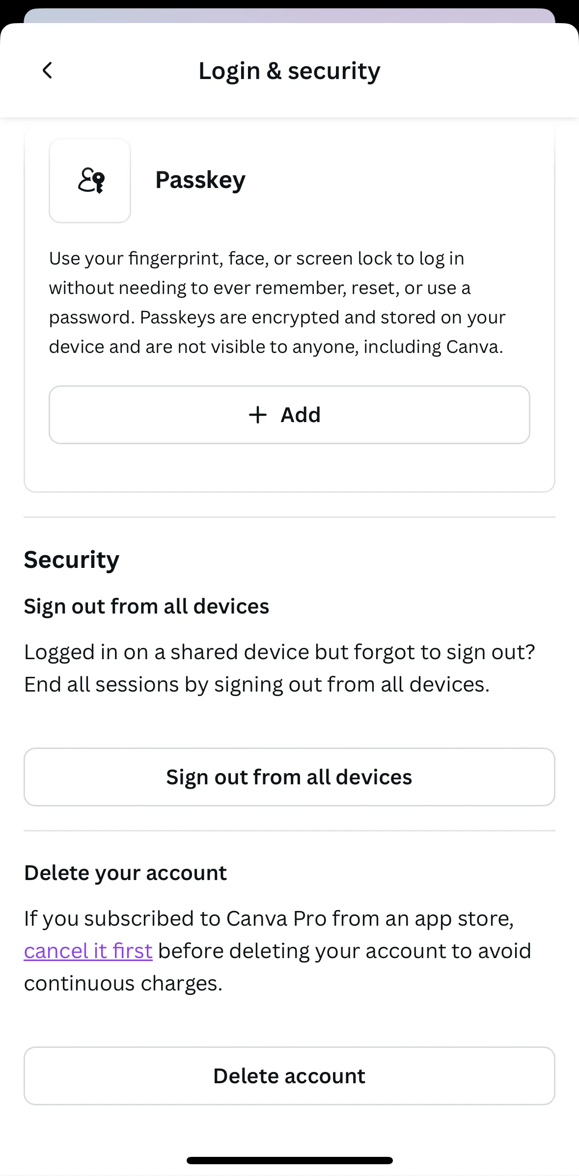 Canva Screen screen in the Deleting account flow