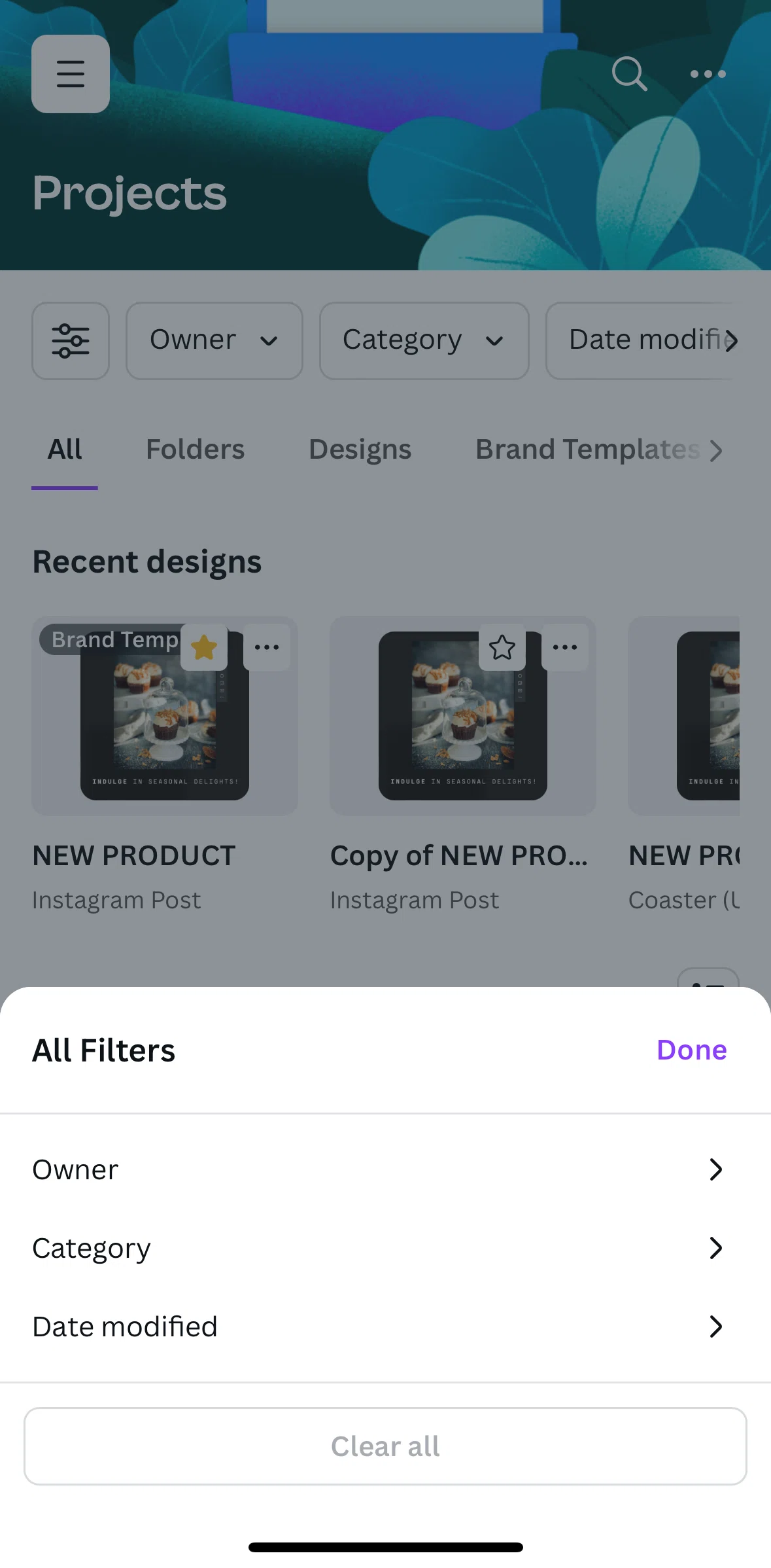 Canva Screen screen in the Filtering projects by date flow