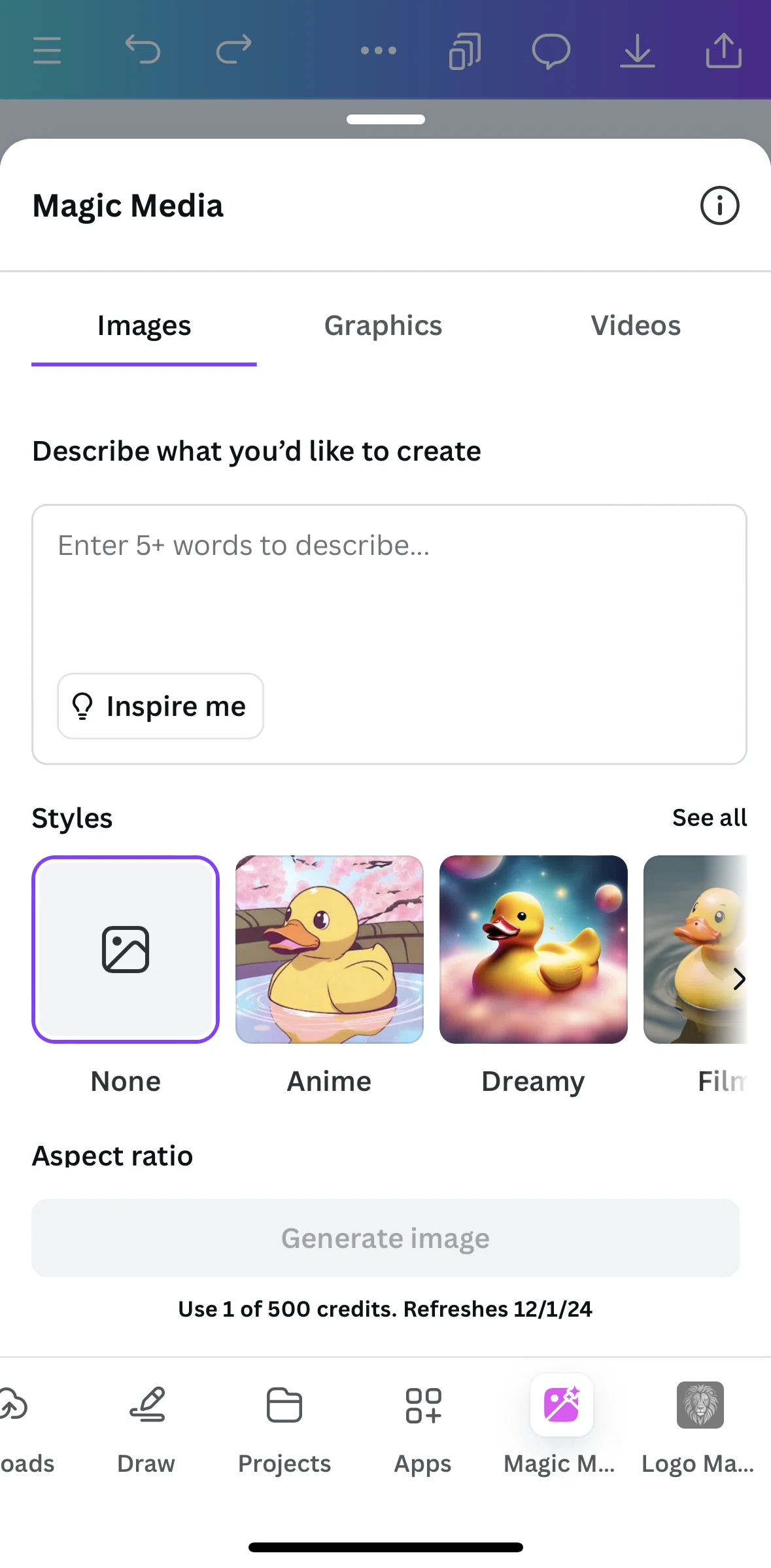 Canva Screen screen in the Generating an image (new design) flow