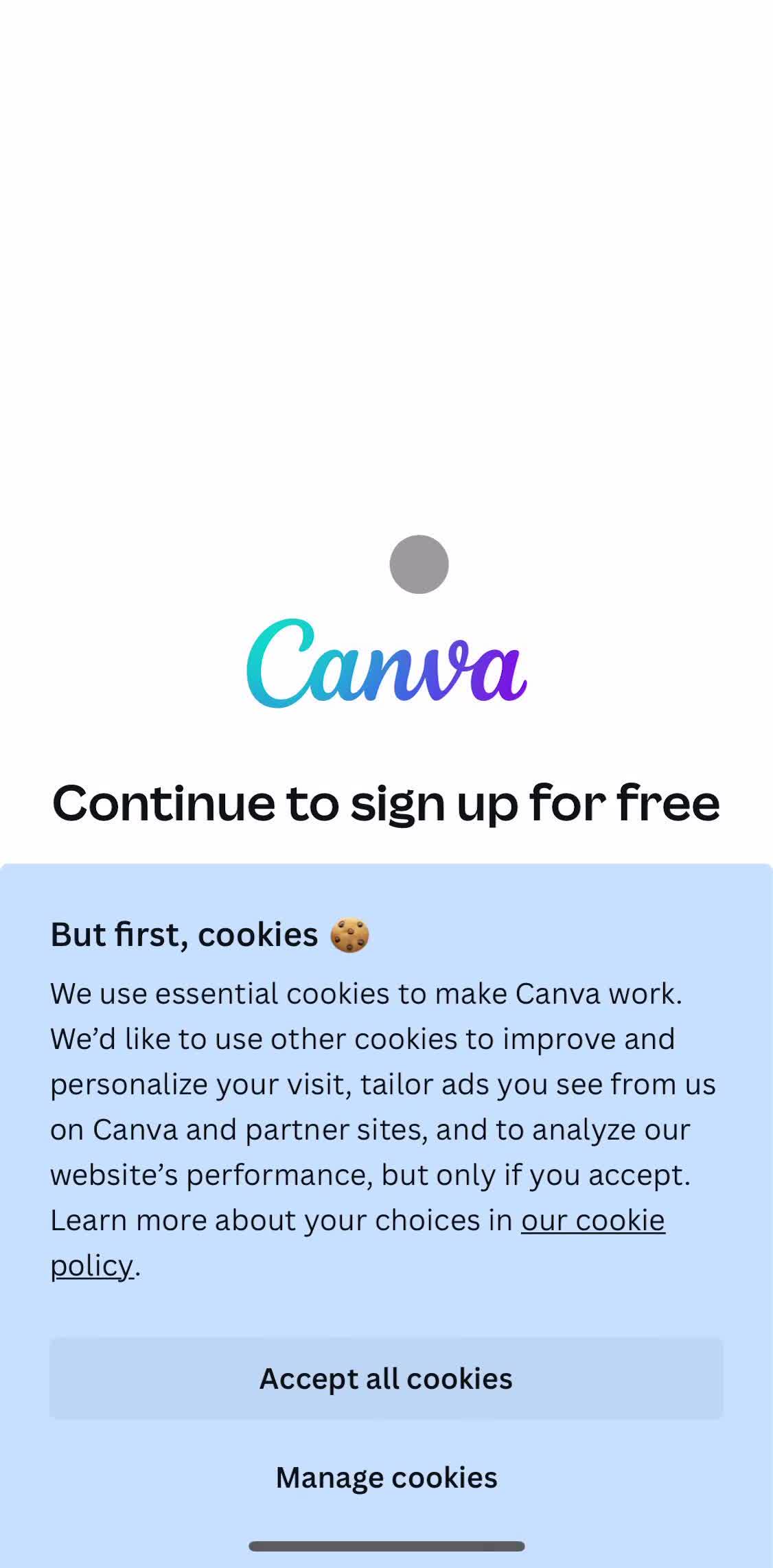 Canva Accept cookie policy screen in the Onboarding flow