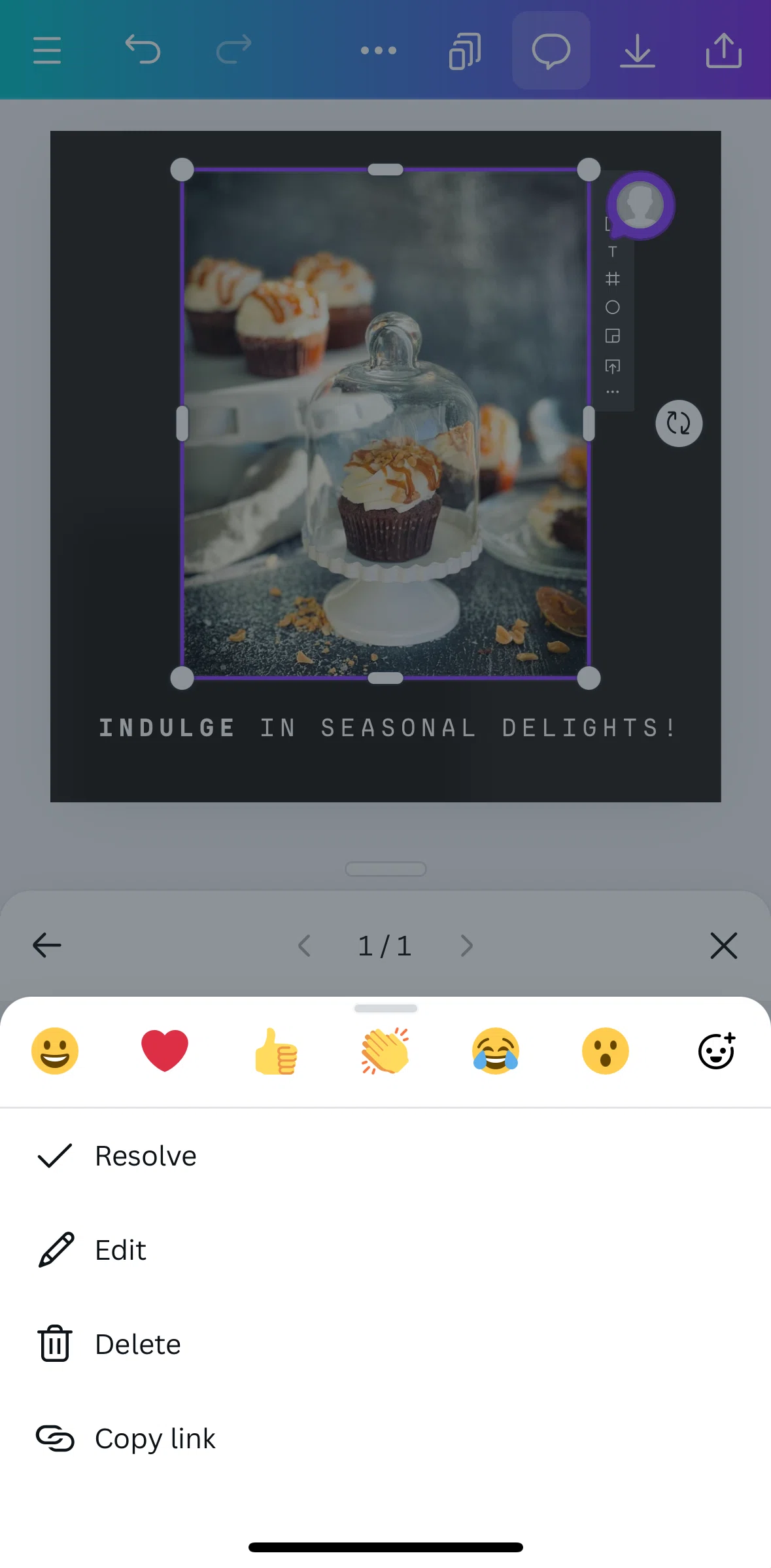 Canva Screen screen in the Resolving a comment flow