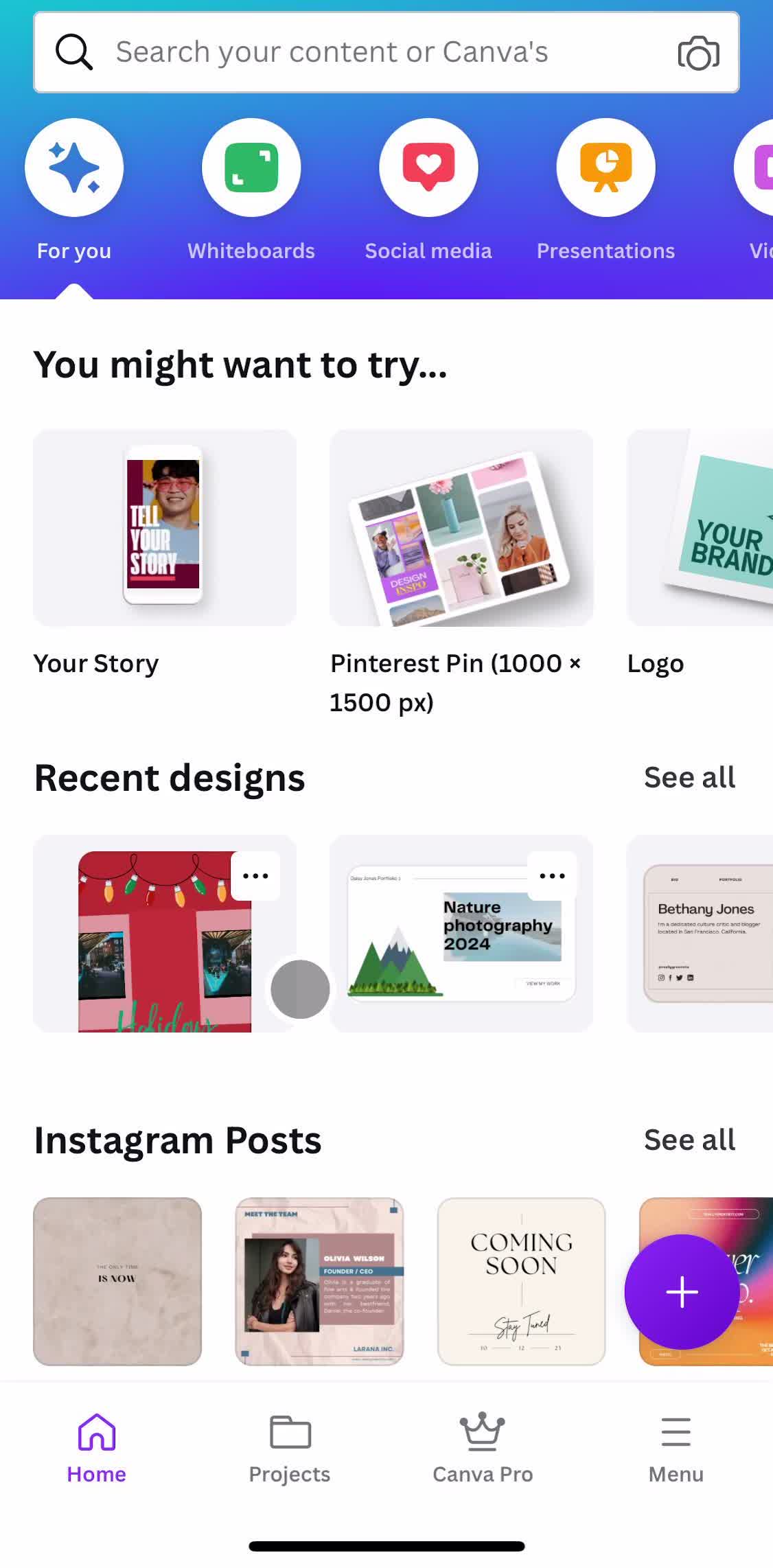Canva Home screen in the Searching flow
