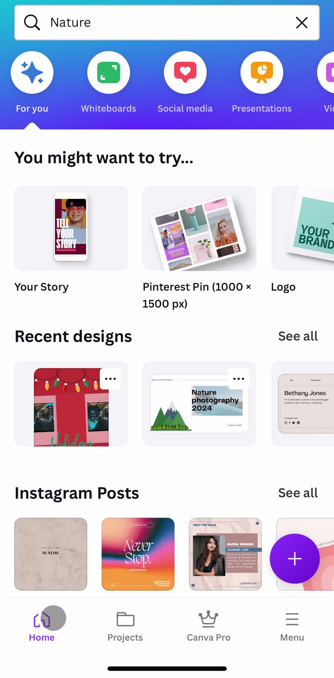 Canva Home screen in the Sharing flow