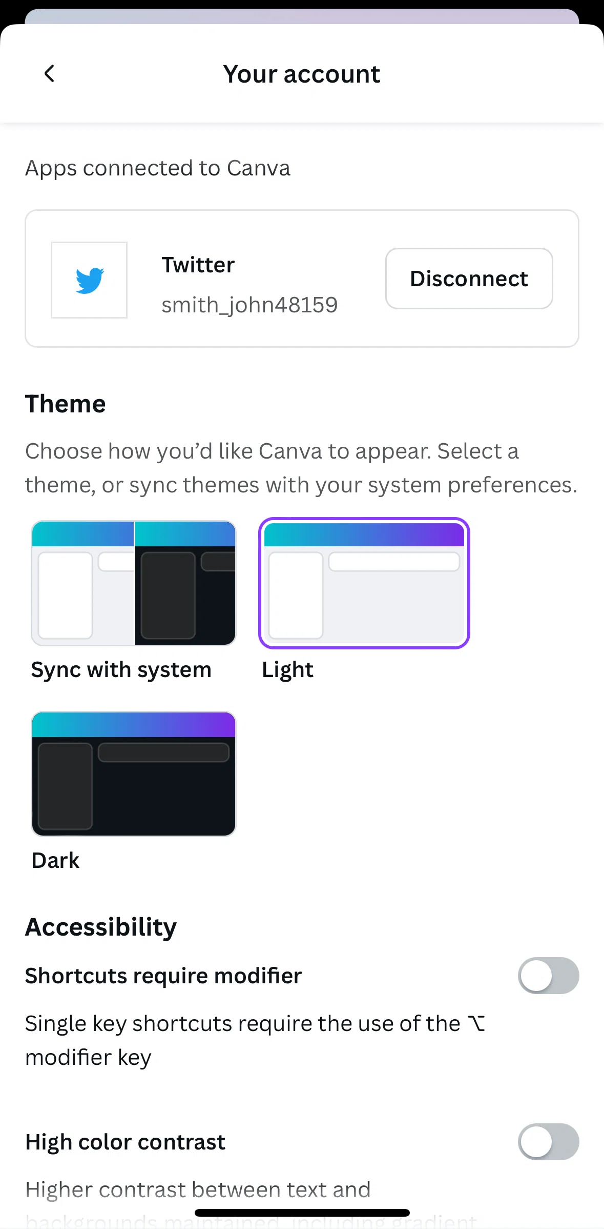 Canva Screen screen in the Switching to dark mode flow