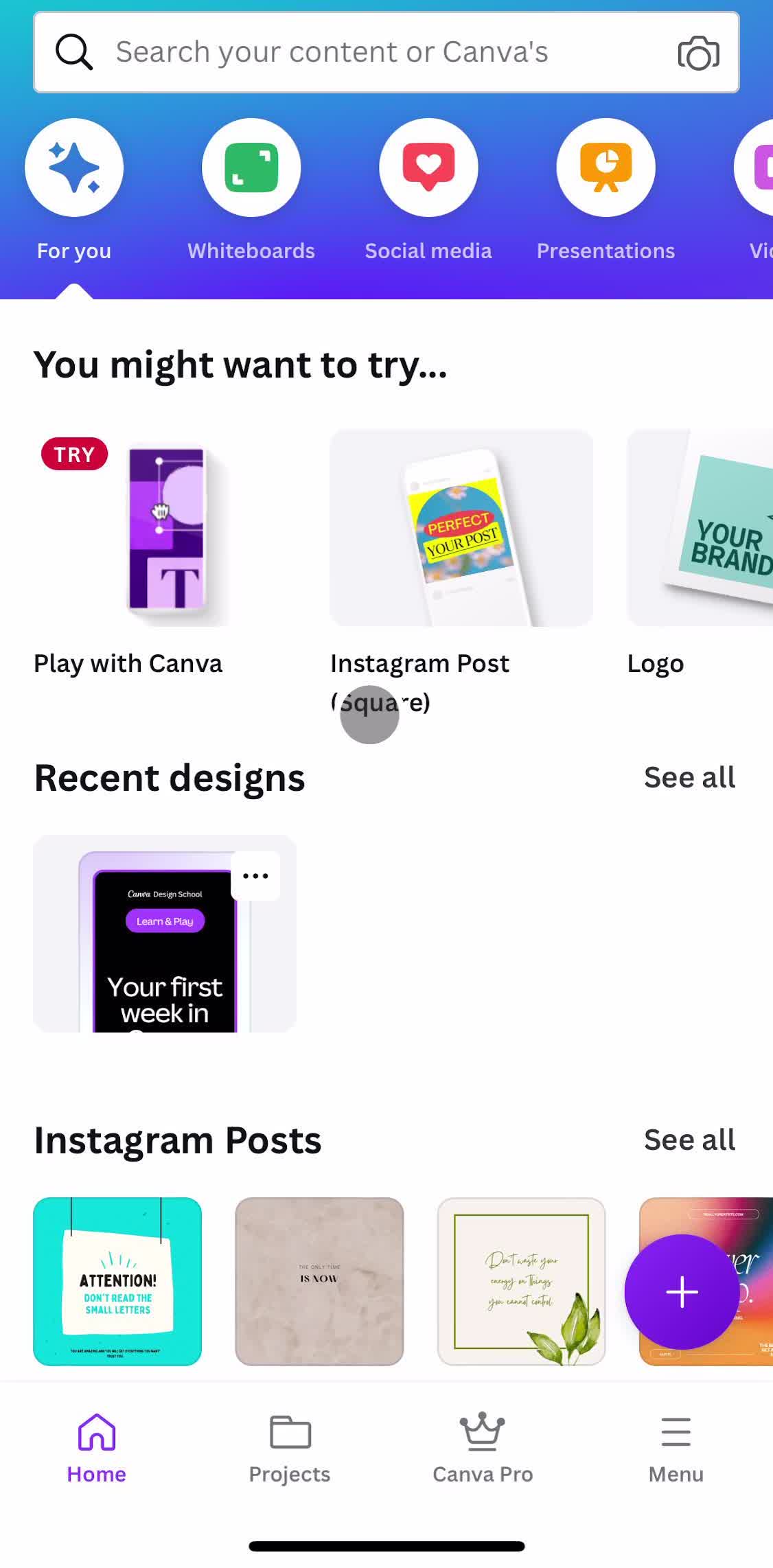 Canva Home screen in the Upgrading Your Account flow