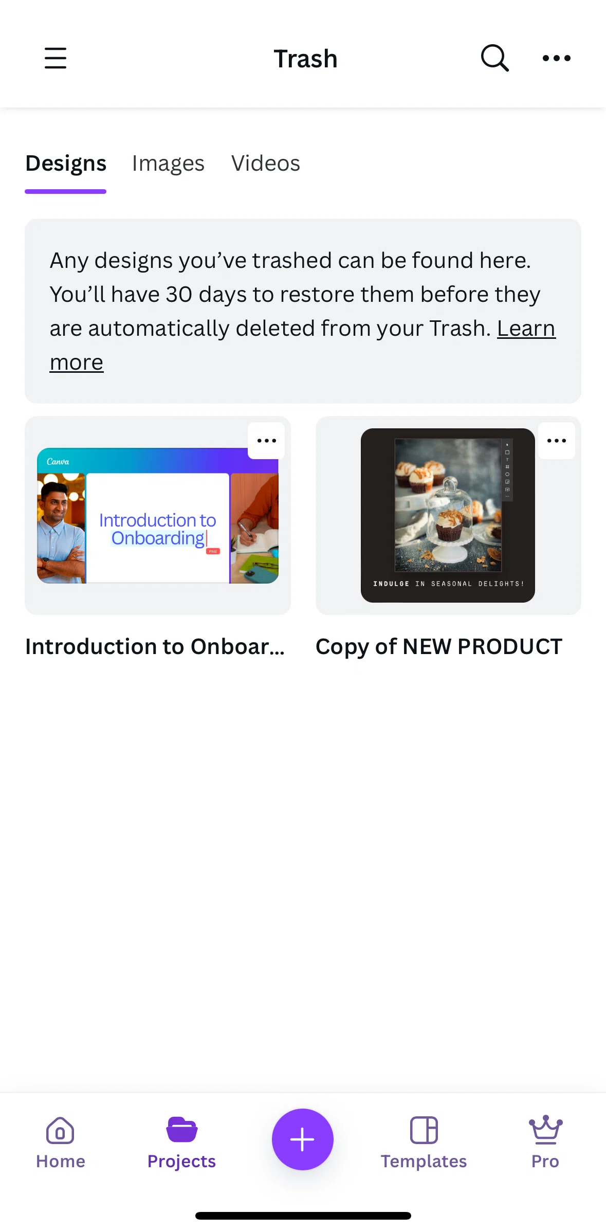 Canva Screen screen in the View trash as a list flow