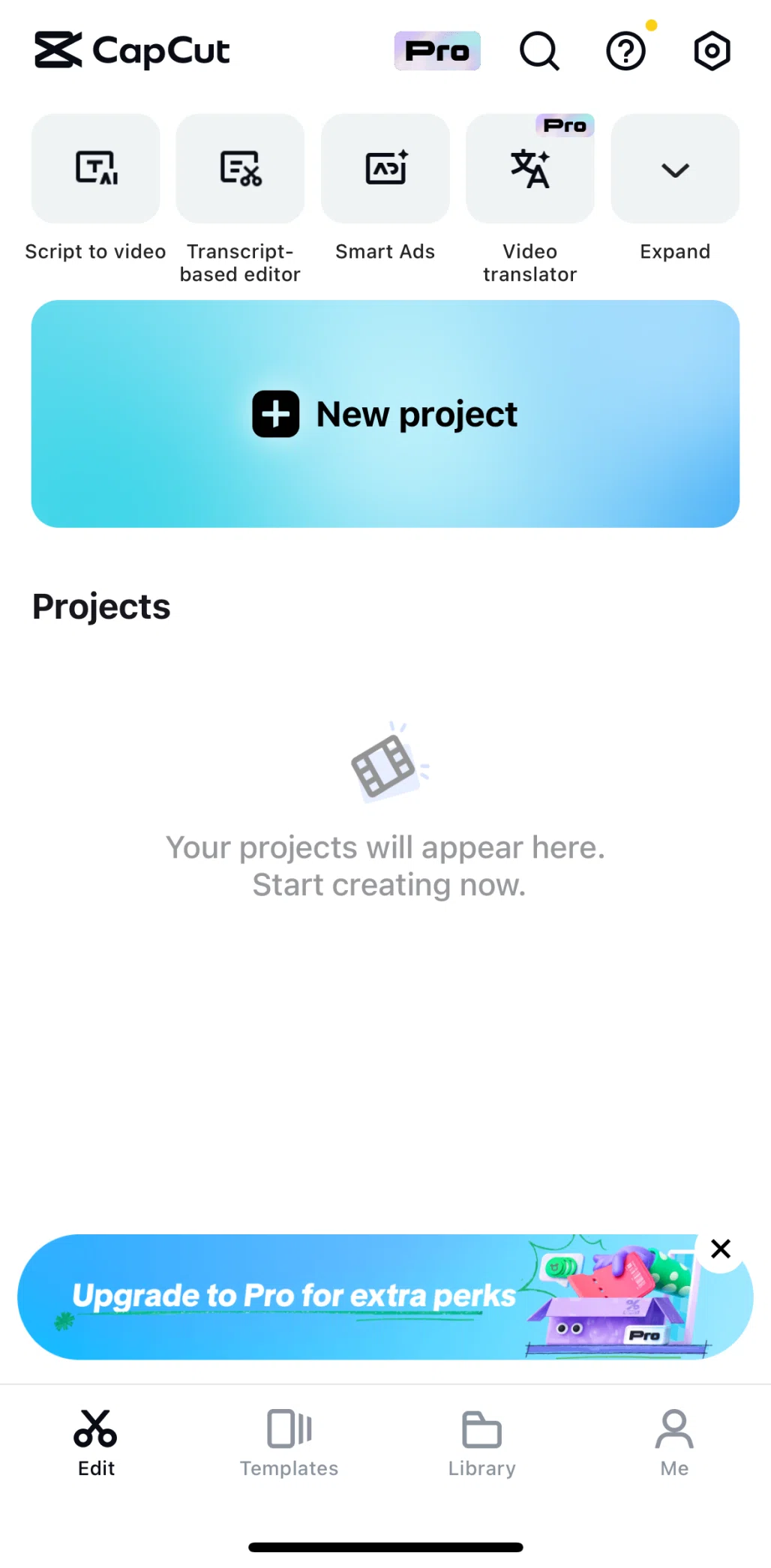 CapCut Screen screen in the Adding a new video project flow
