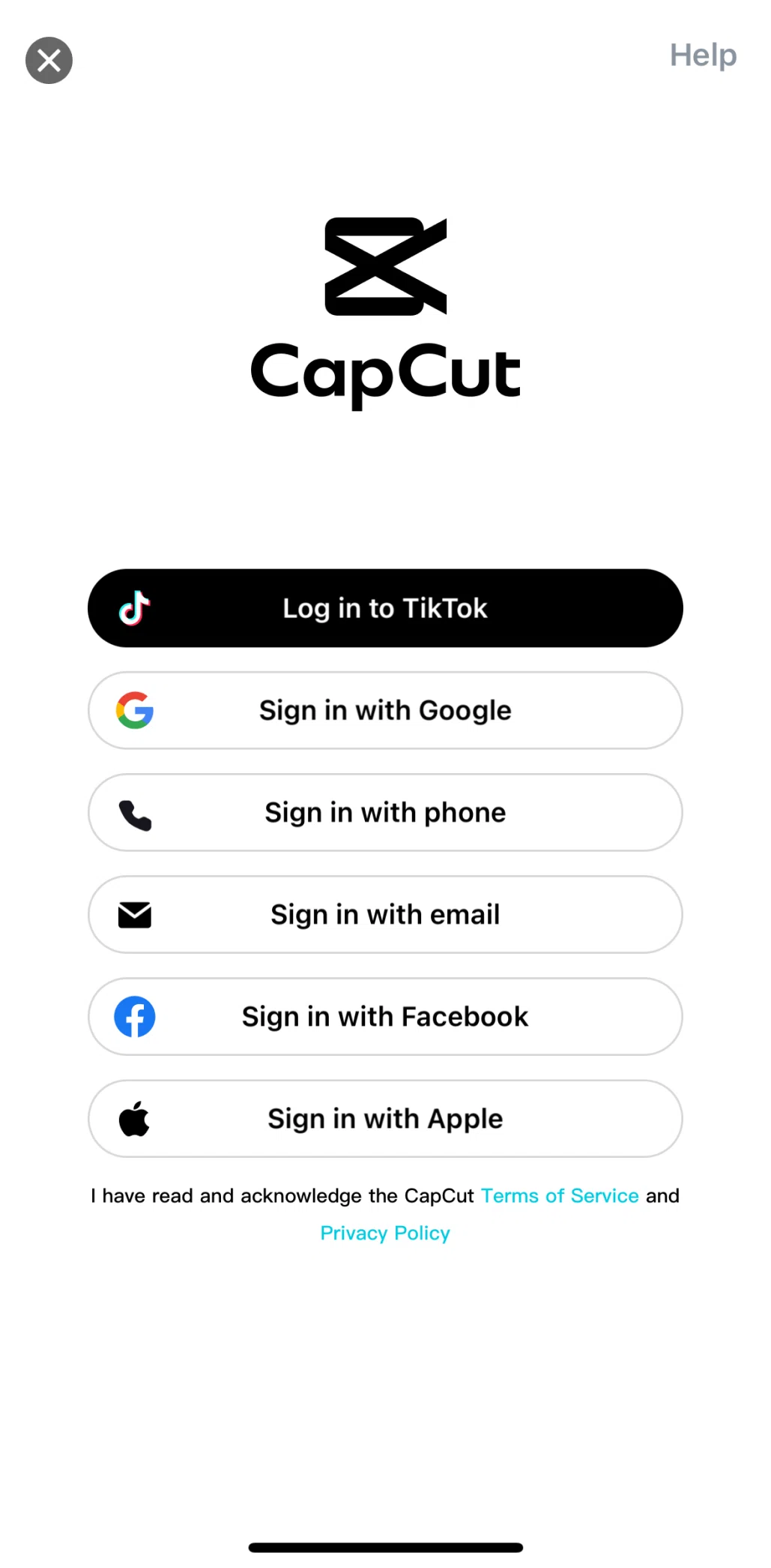 CapCut Screen screen in the Logging in flow