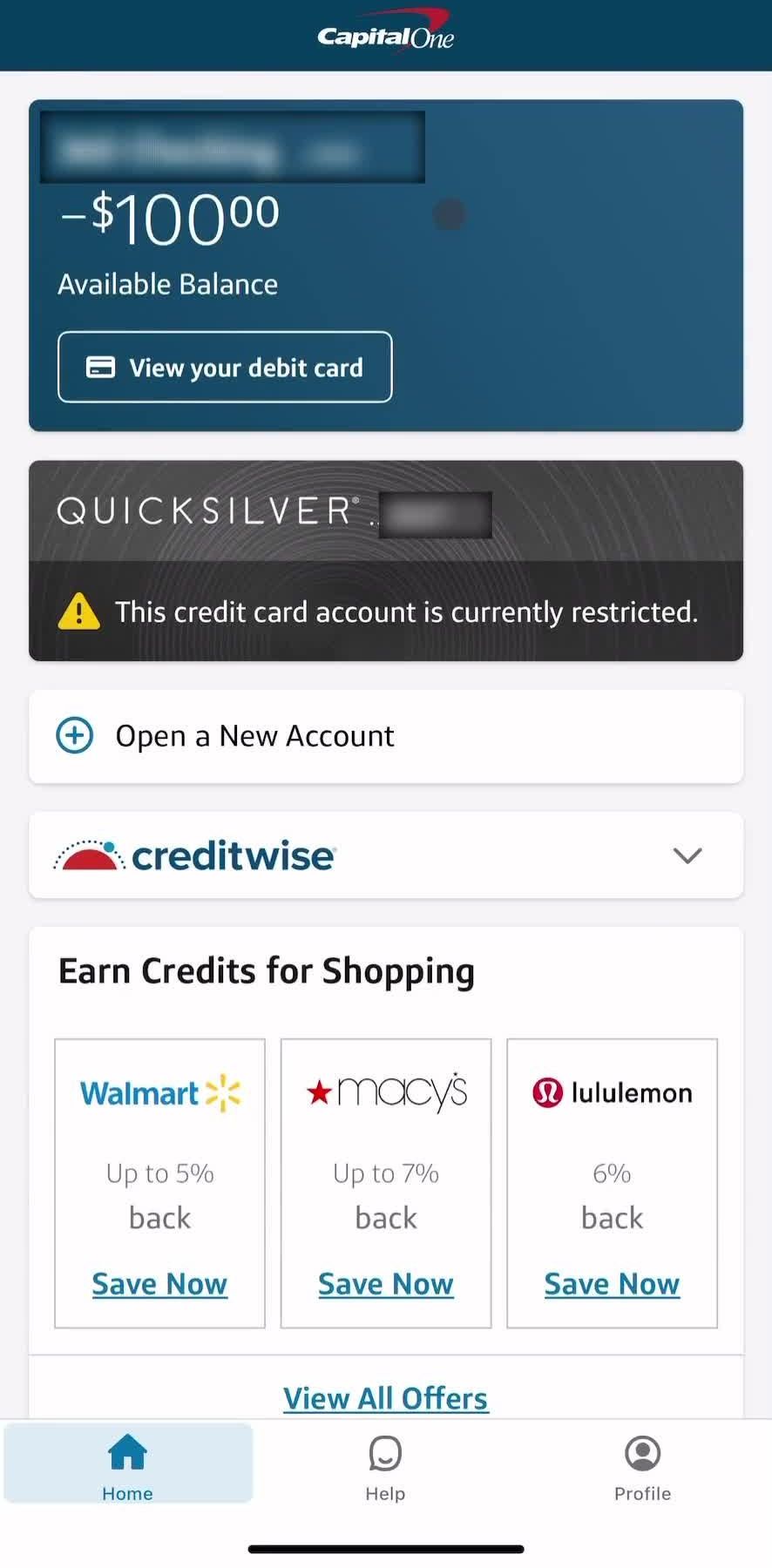 Capital One Home screen in the Adding A Biller flow