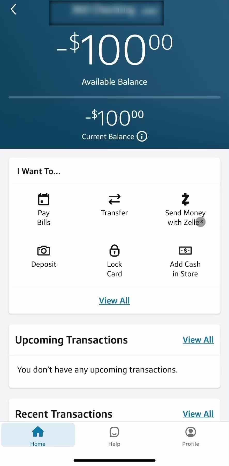 Capital One Home screen in the Adding Cash In Store flow