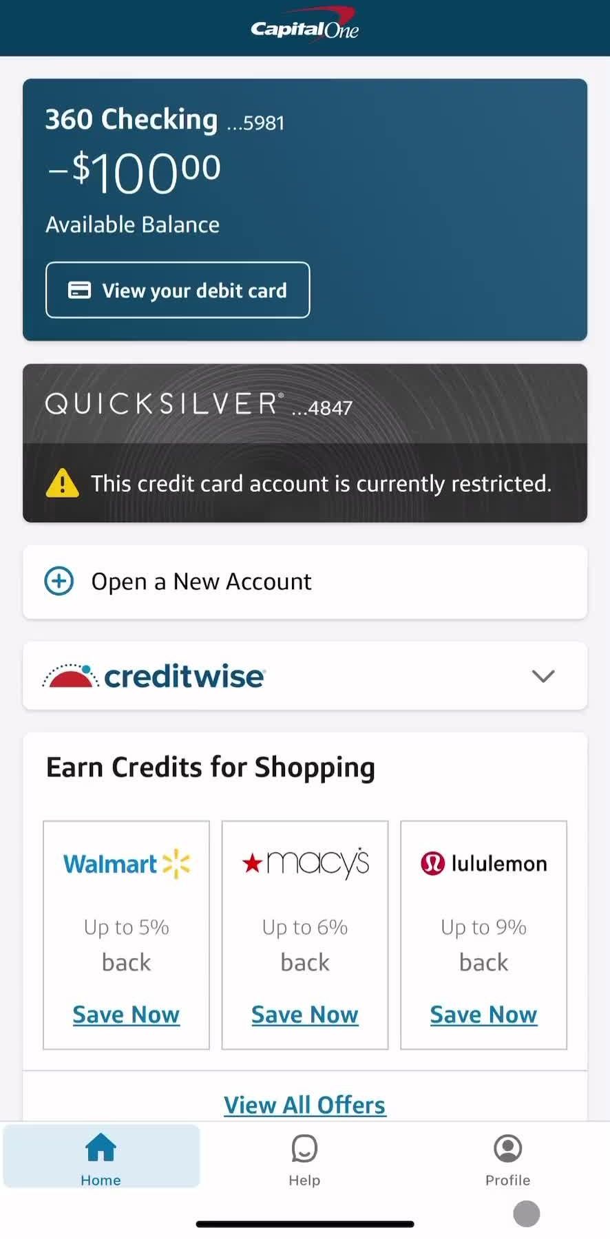 Capital One Home screen in the Editing Username flow