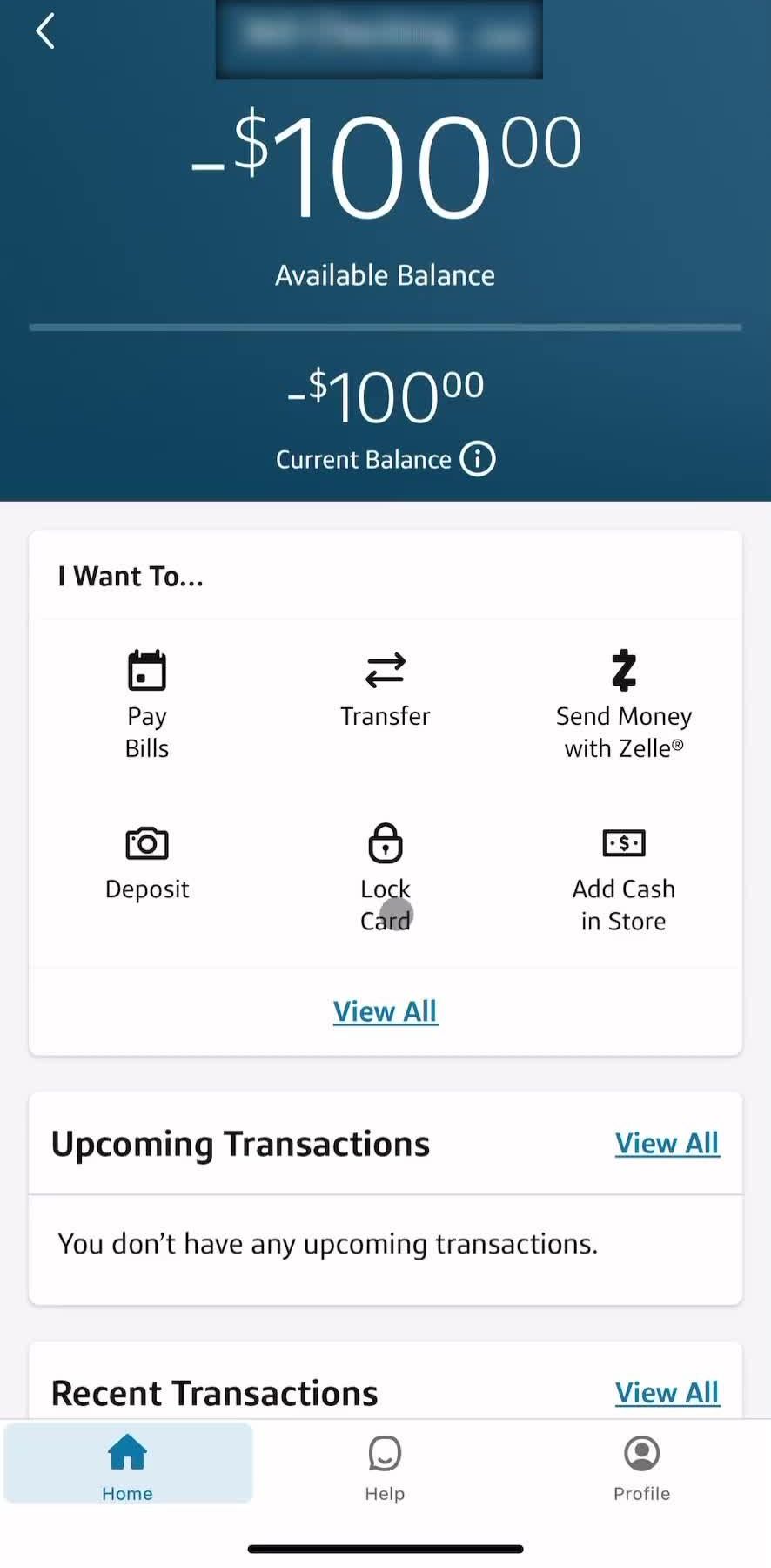 Capital One Home screen in the Locking A Card flow