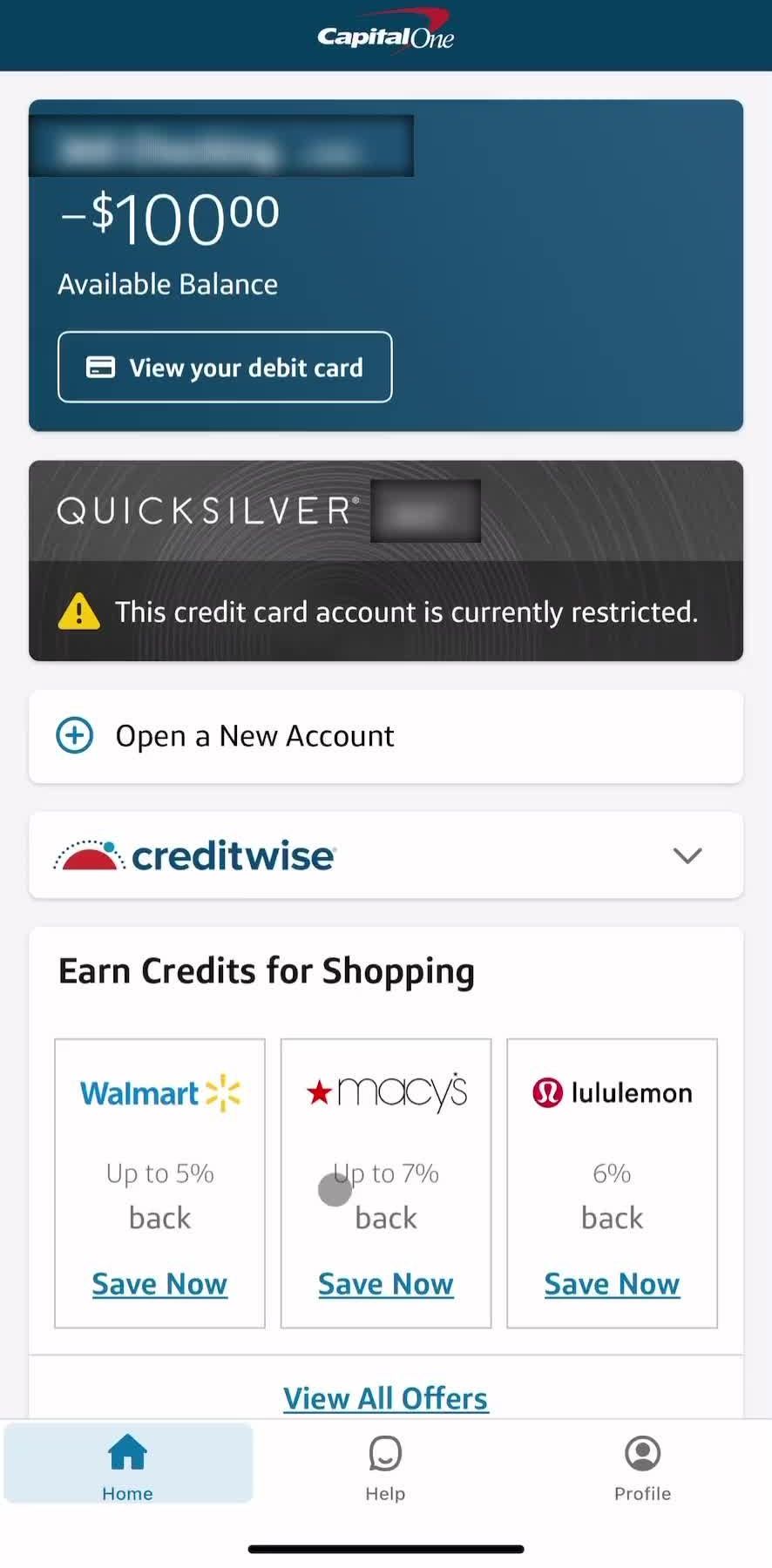 Capital One Home screen in the Offers flow