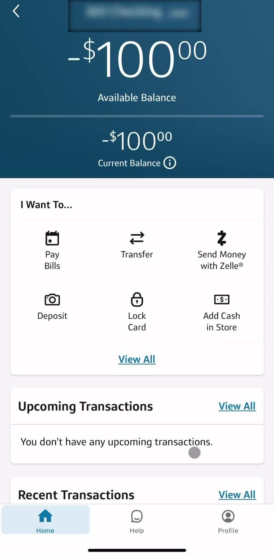 Capital One Home screen in the Reporting An Issue flow