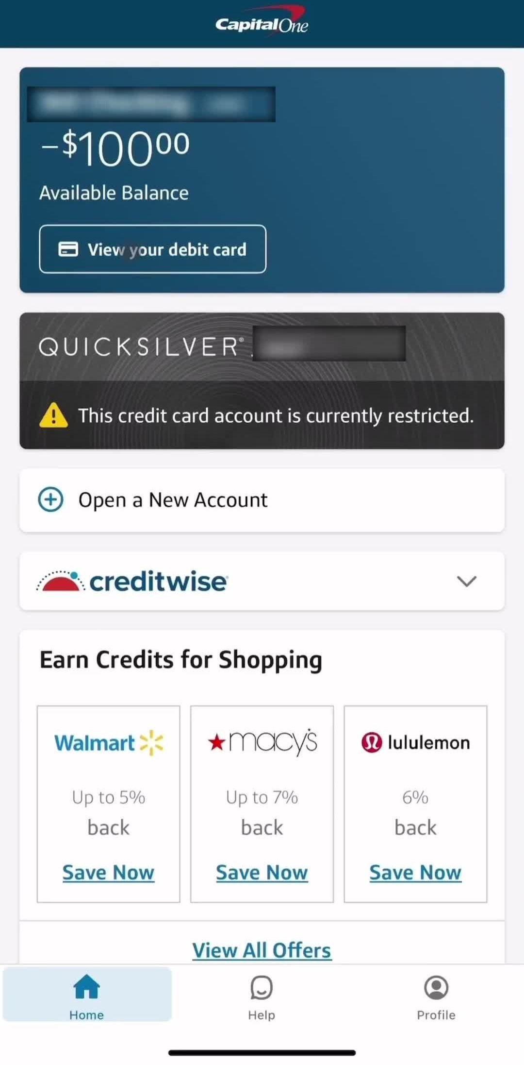 Capital One Home screen in the Viewing My Virtual Debit Card flow