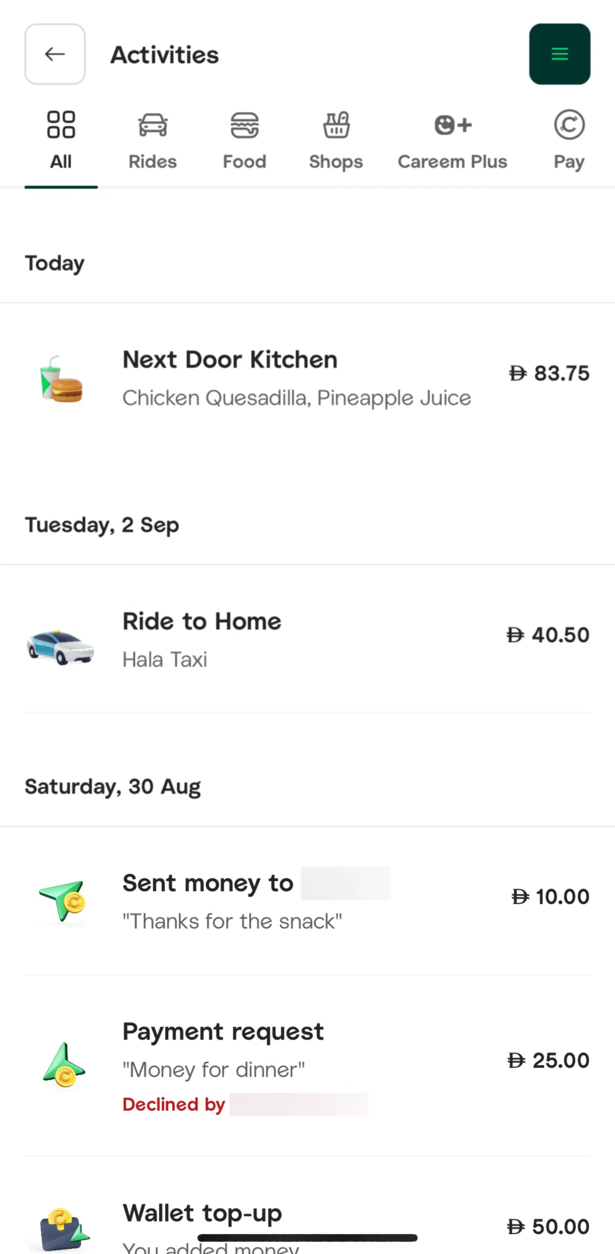 Careem Screen screen in the Activity detail (food) flow