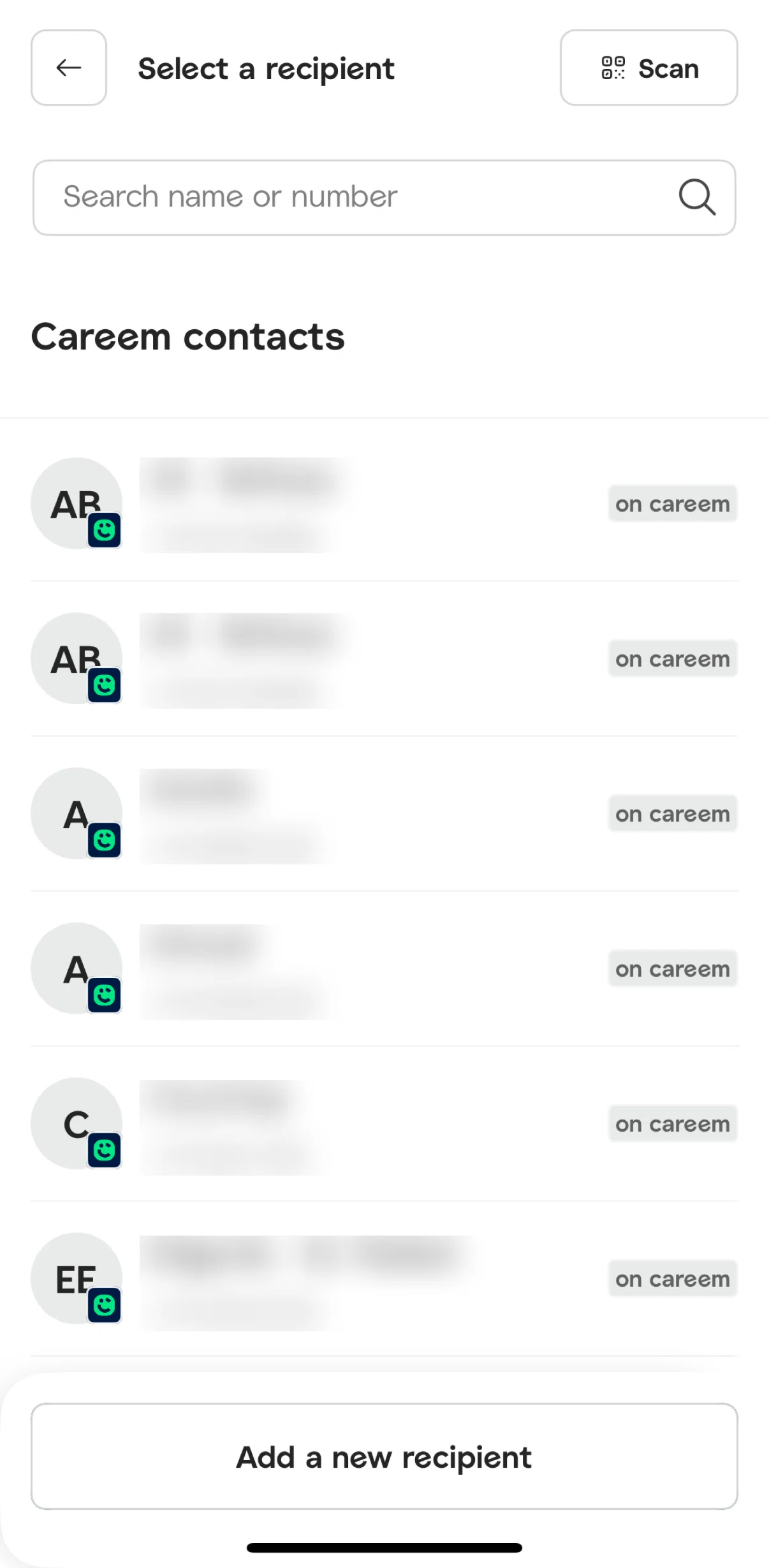 Careem Screen screen in the Adding a recipient flow