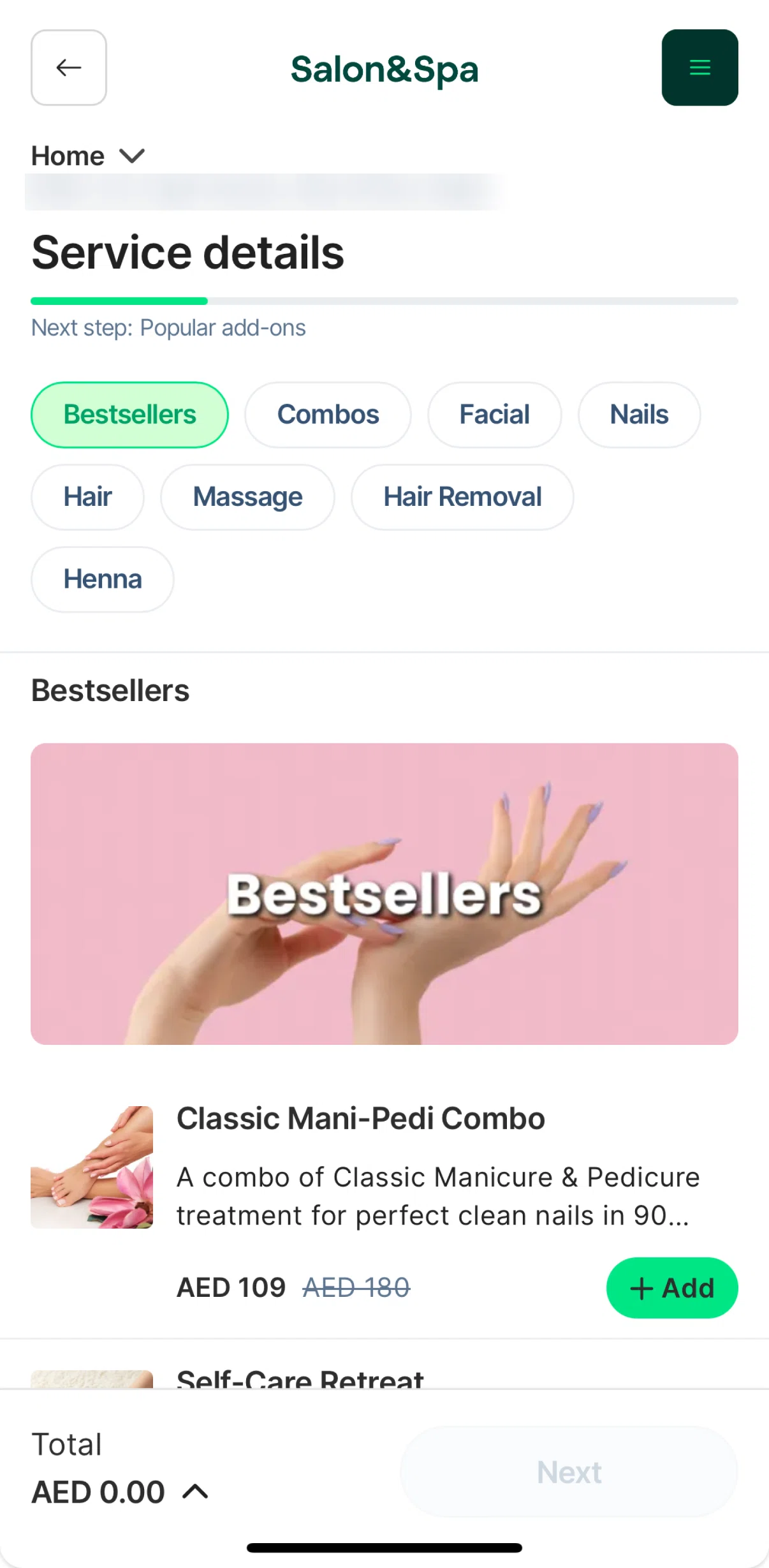 Careem Screen screen in the Adding to cart (home service) flow