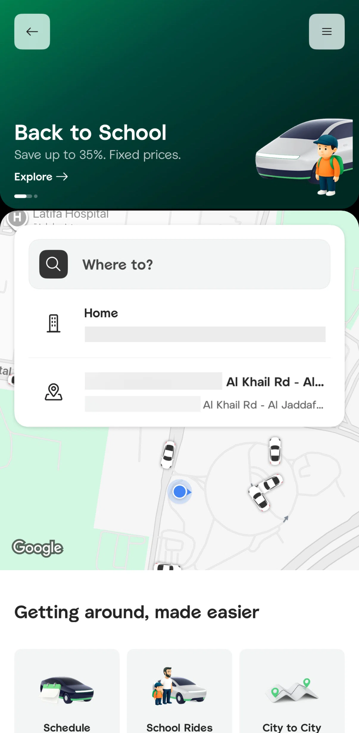 Careem Screen screen in the Booking a ride flow