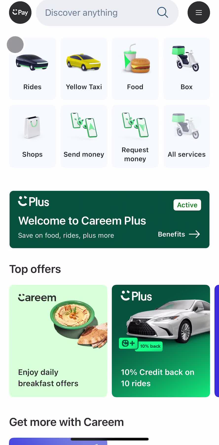 Careem Home screen in the Booking Transport flow