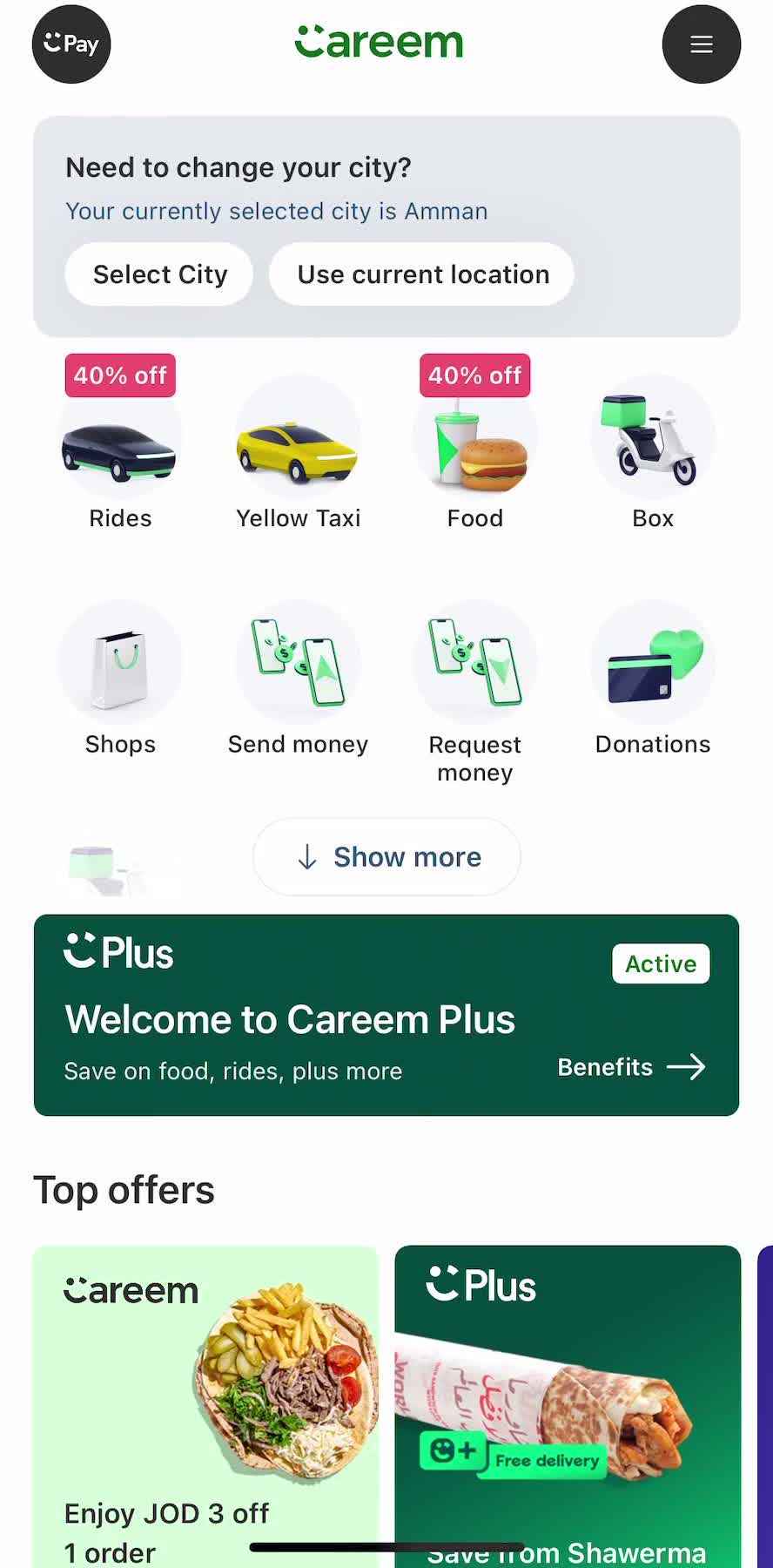 Careem Home screen in the Requesting Payment flow