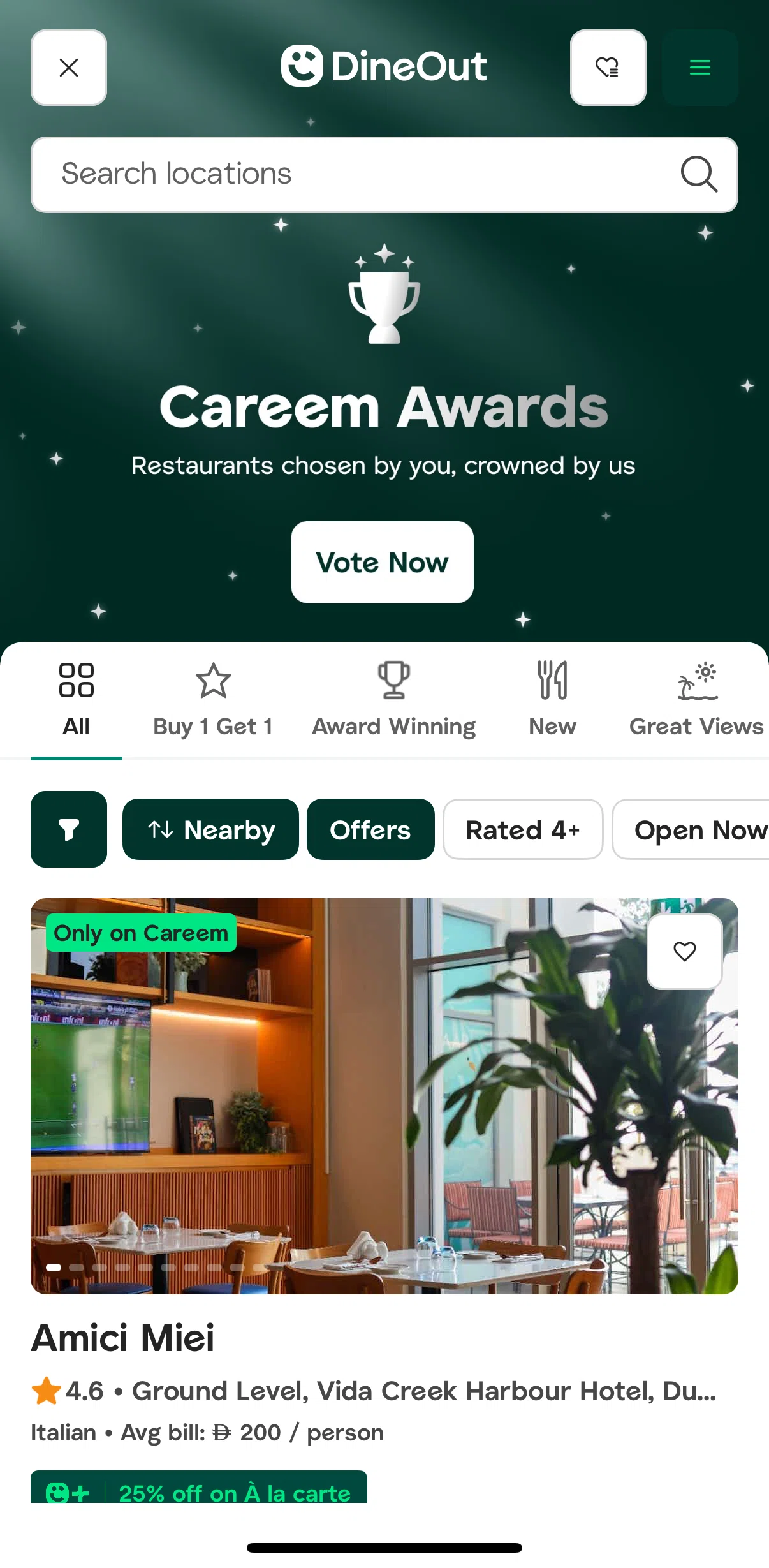 Careem Screen screen in the Restaurant detail (DineOut) flow