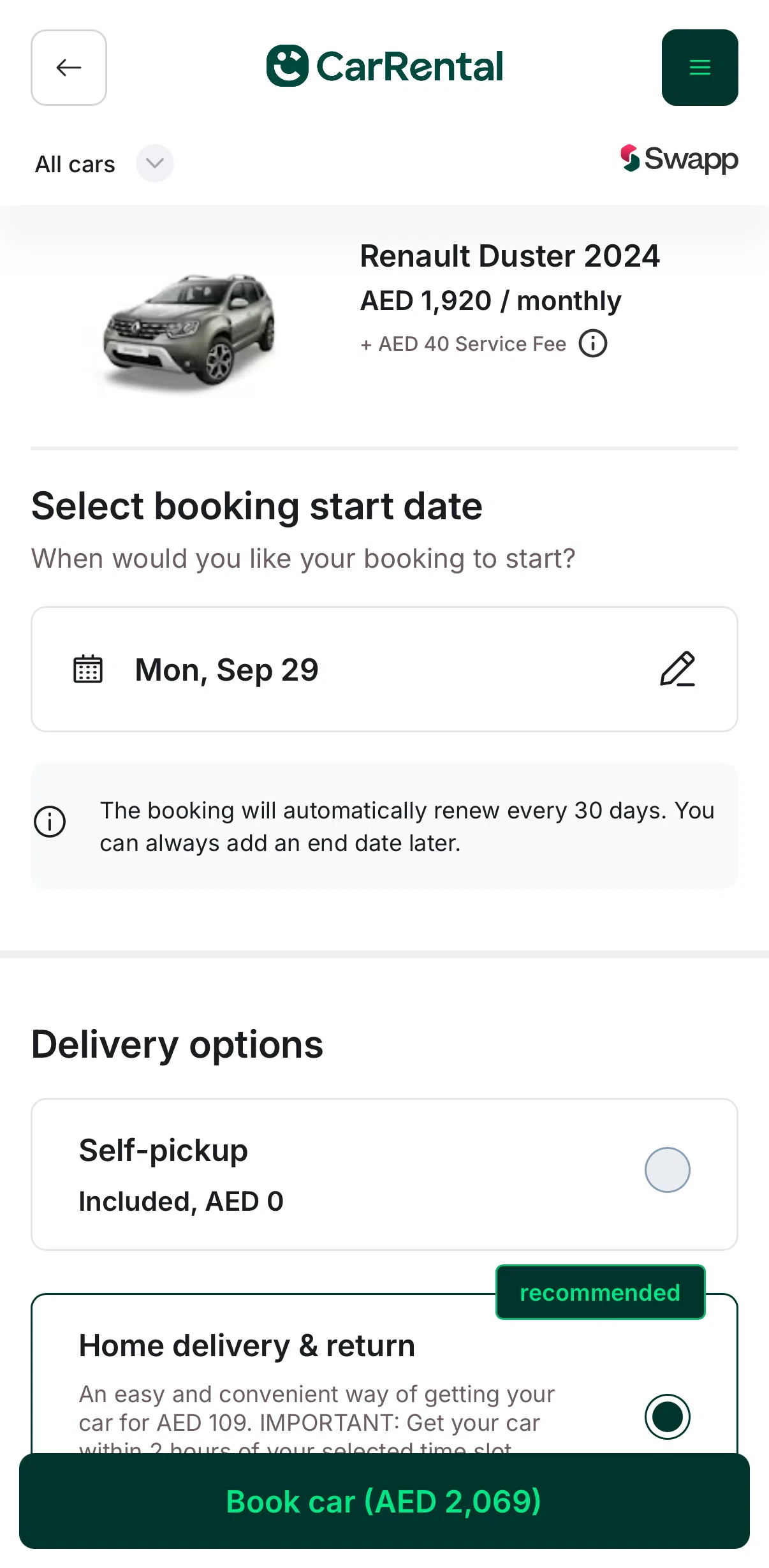 Careem Screen screen in the Scheduling a booking date flow