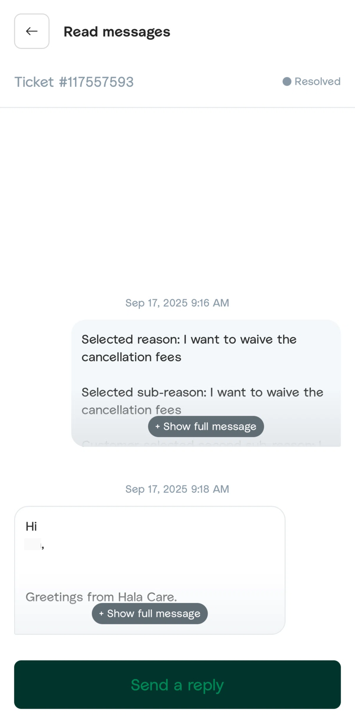 Careem Screen screen in the Sending a message to support flow
