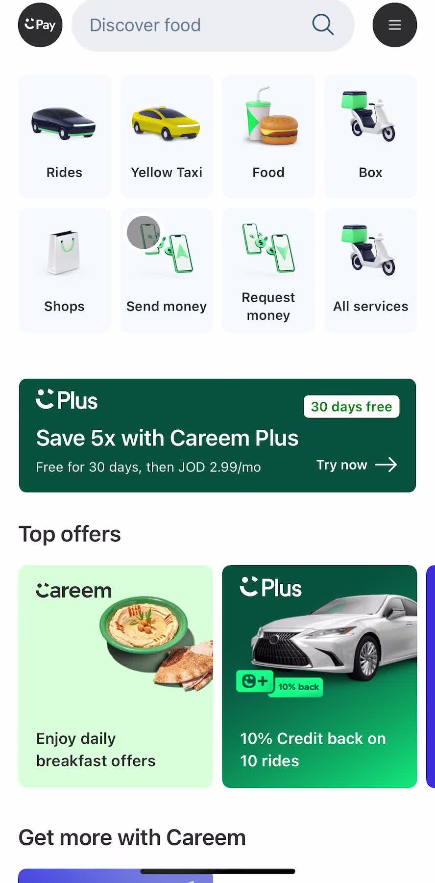 Careem Home screen in the Upgrading Your Account flow