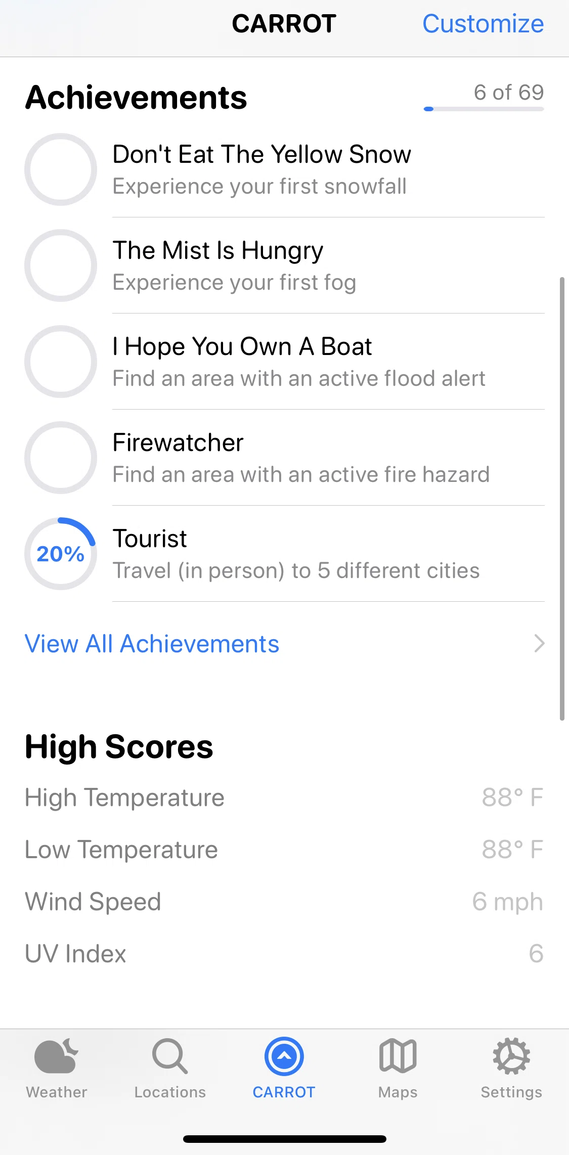 Carrot Weather Screen screen in the Achievements flow