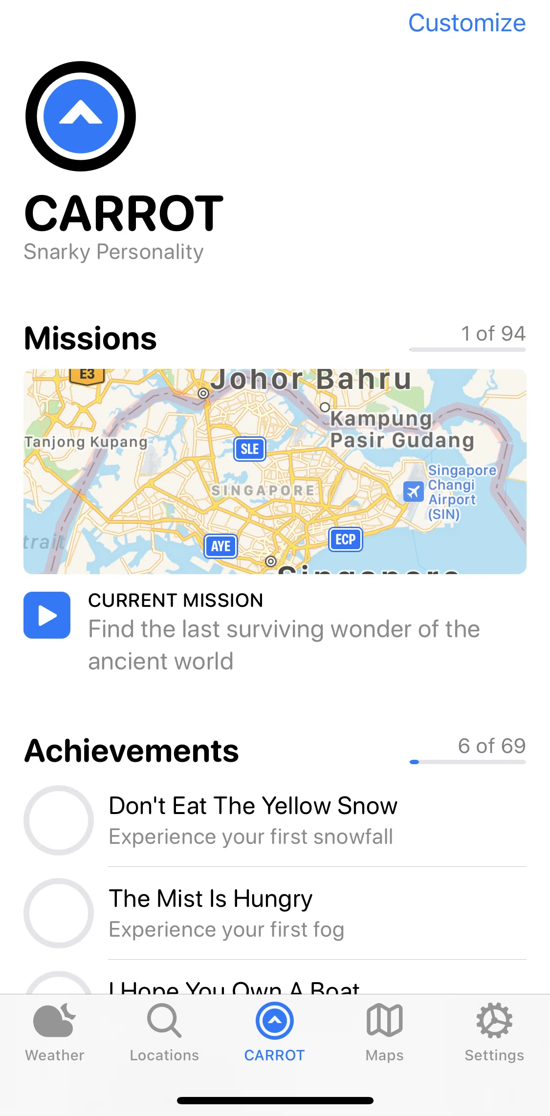 Carrot Weather Screen screen in the Completing a mission flow