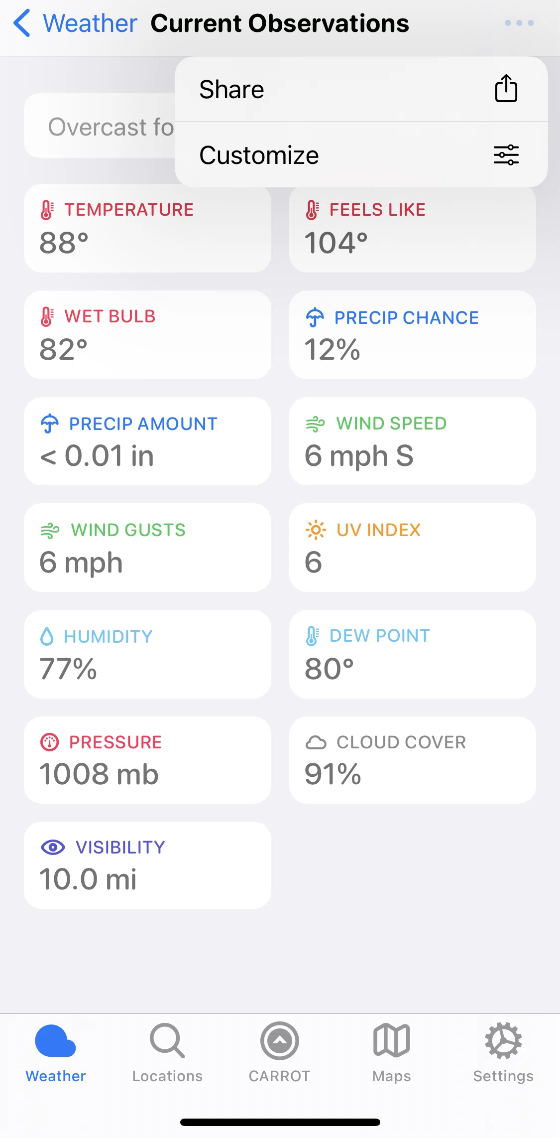 Carrot Weather Screen screen in the Customizing data points flow