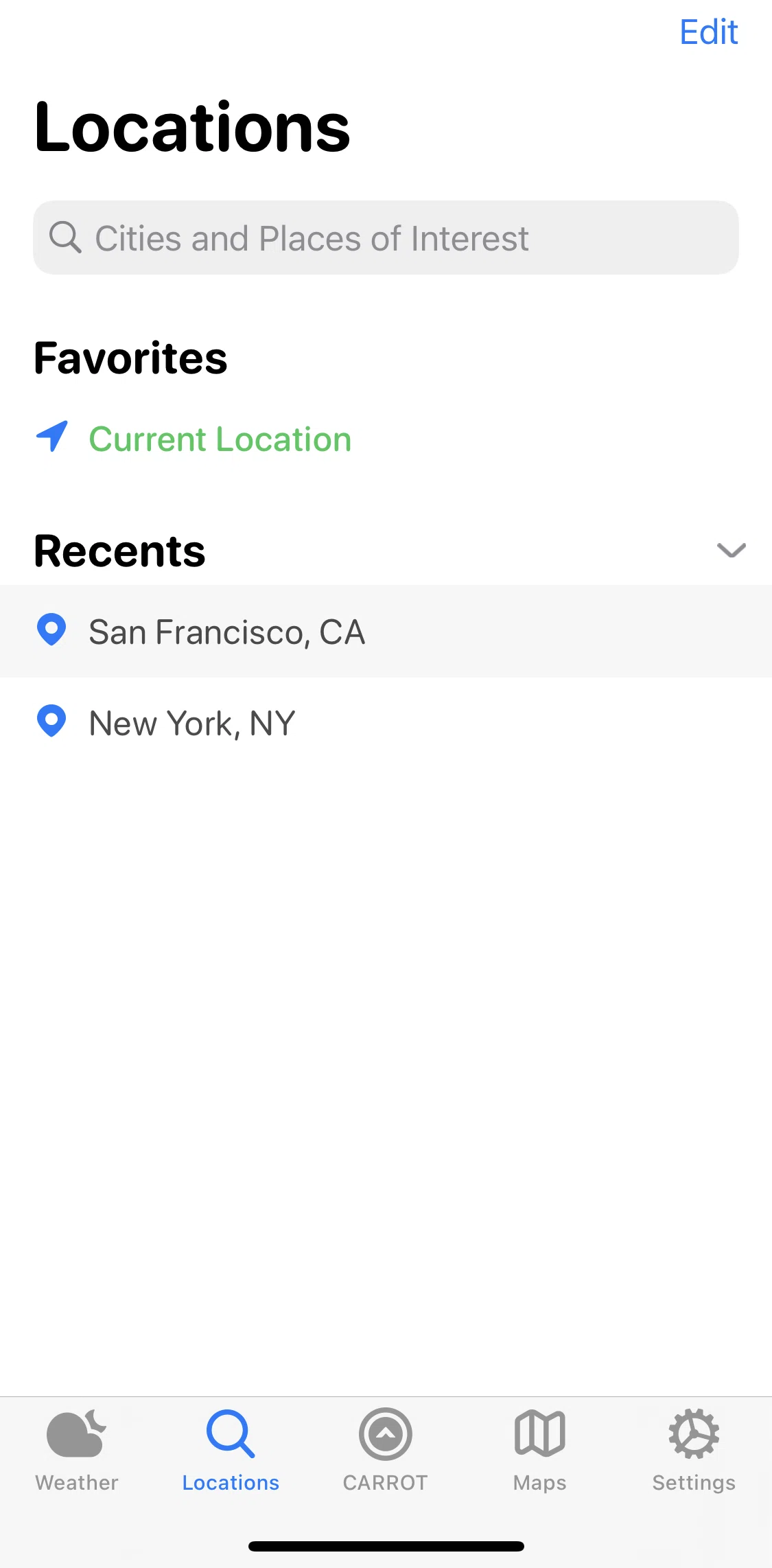 Carrot Weather Screen screen in the Locations flow