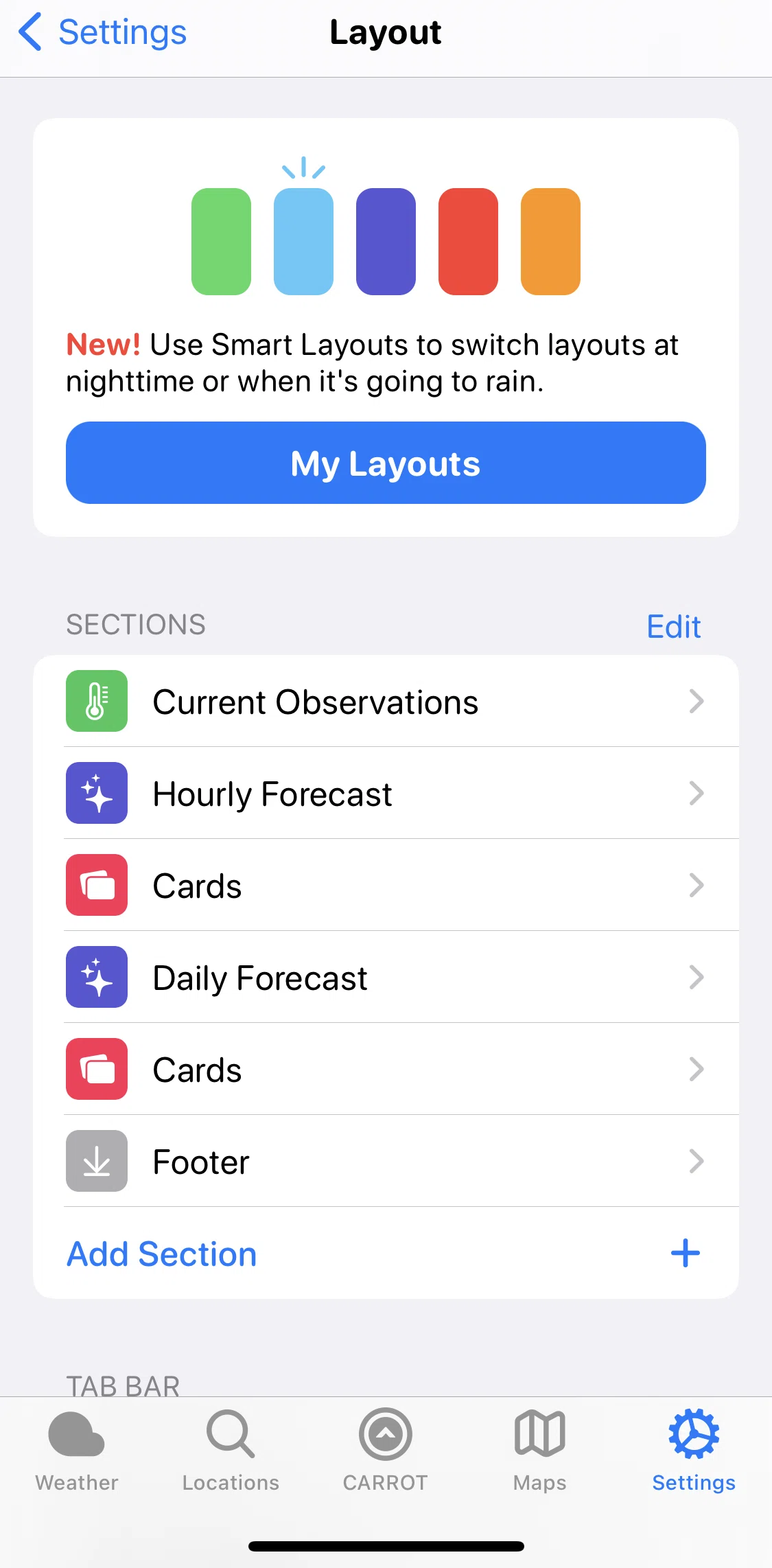 Carrot Weather Screen screen in the My layouts flow