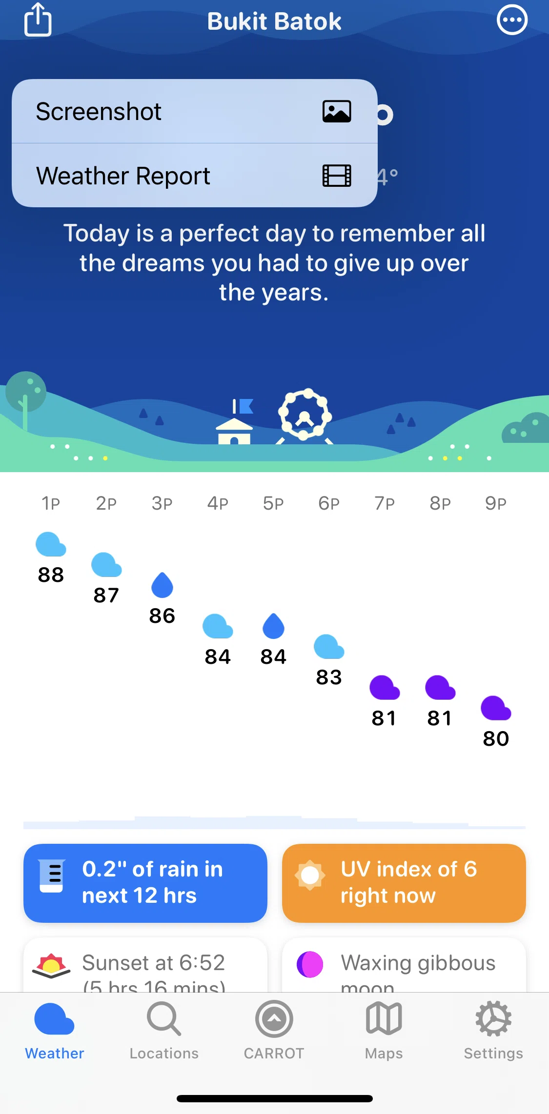 Carrot Weather Screen screen in the Sharing a weather report flow