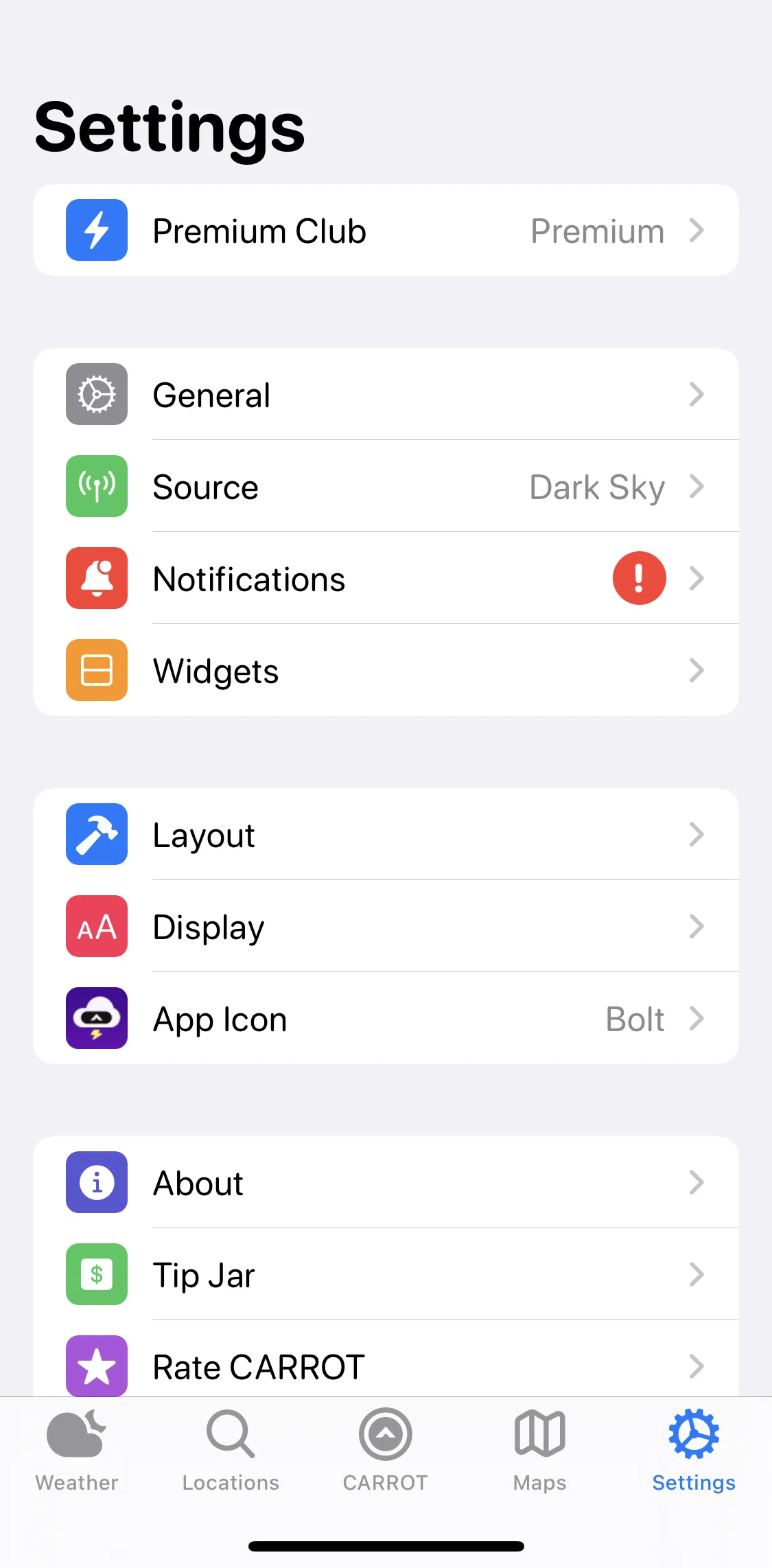 Carrot Weather Screen screen in the Switching to dark mode flow