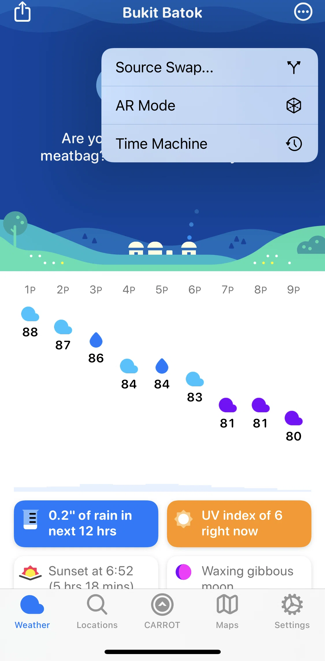 Carrot Weather Screen screen in the Time machine flow