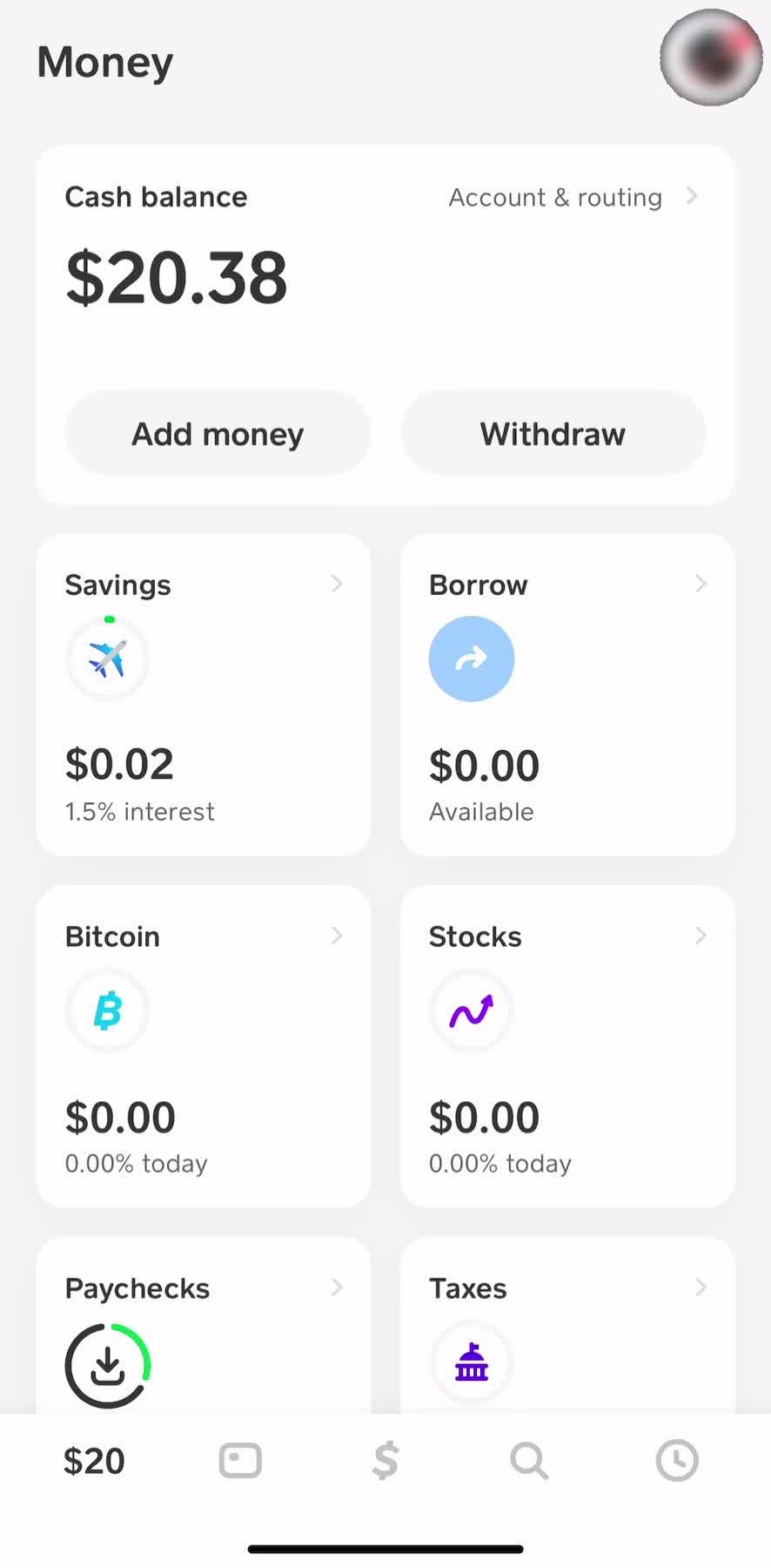 Cash App Home screen in the Account Settings flow
