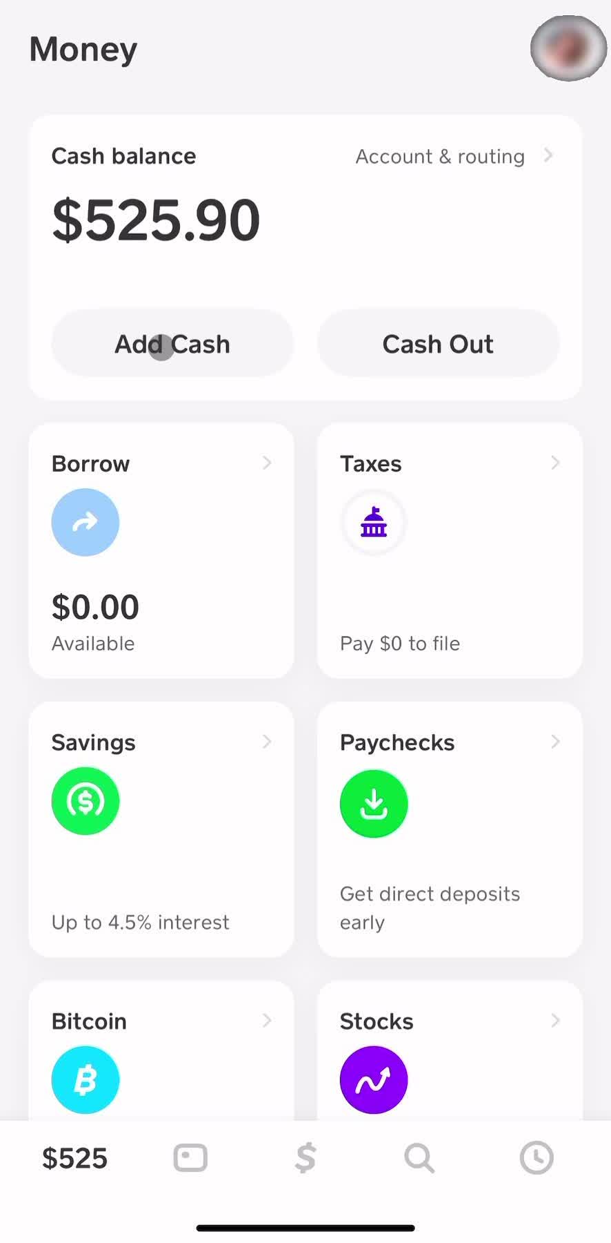 Cash App Home screen in the Adding Cash flow