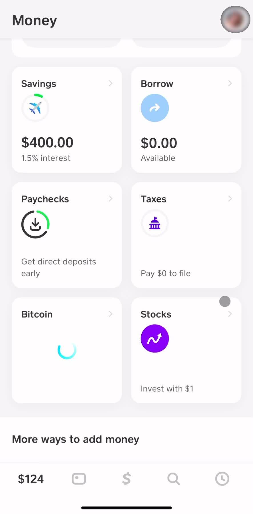 Cash App Home screen in the Buying Stocks flow