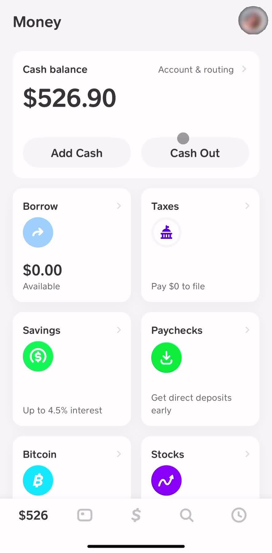 Cash App Home screen in the Cashing Out flow
