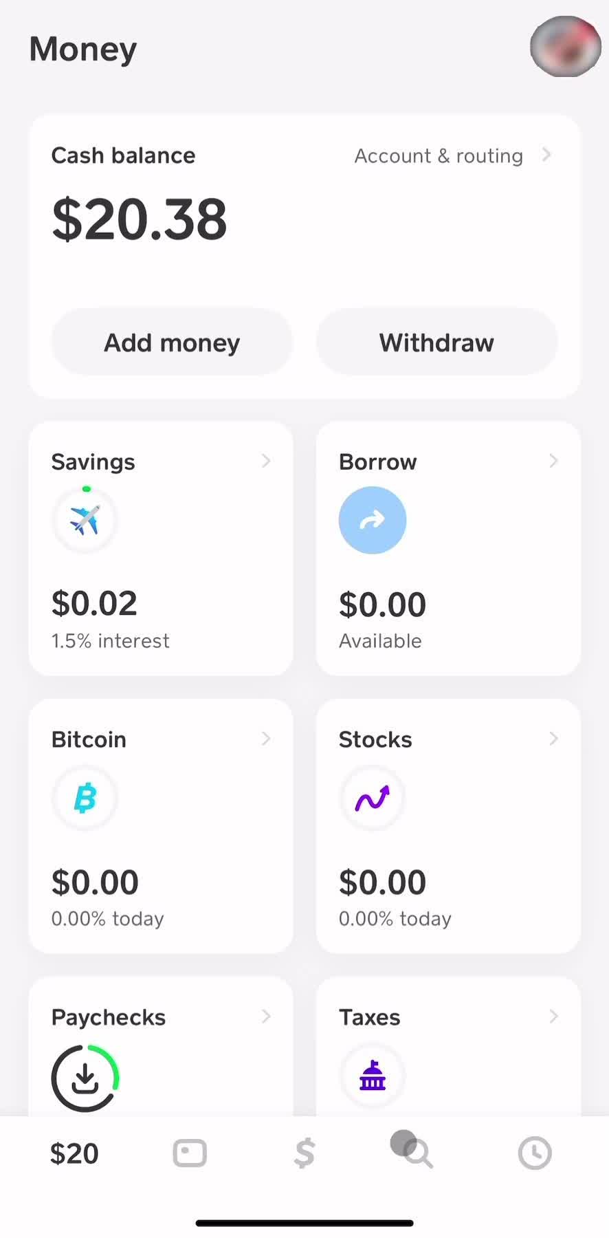 Cash App Home screen in the Discovering Content flow