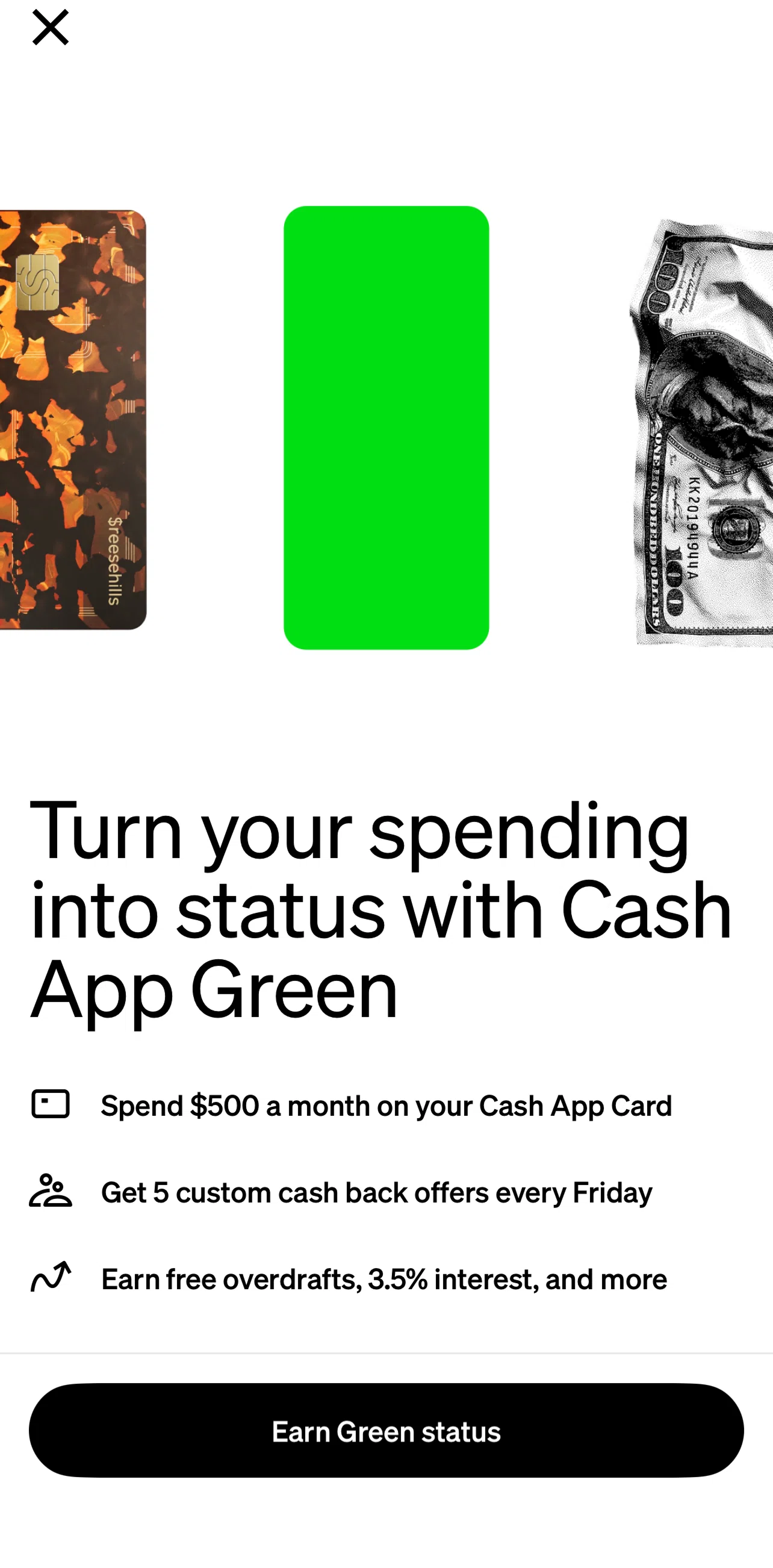 Cash App Screen 1 screen in the Earn green status flow