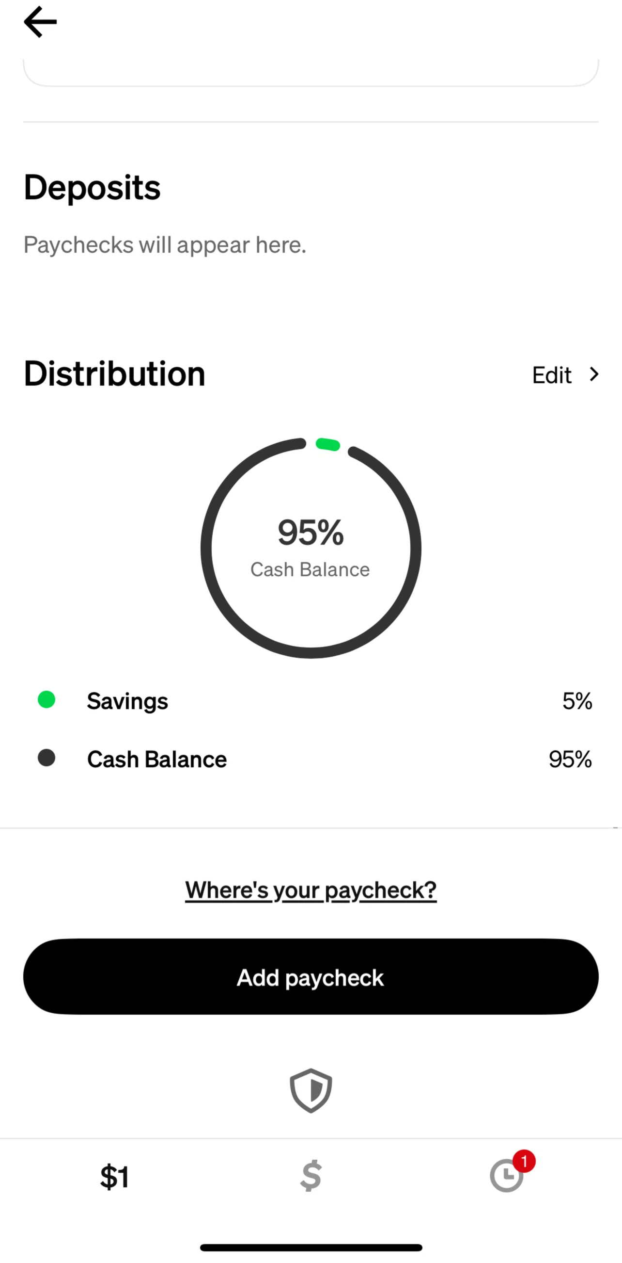 Cash App Screen 1 screen in the Editing a paycheck distribution flow