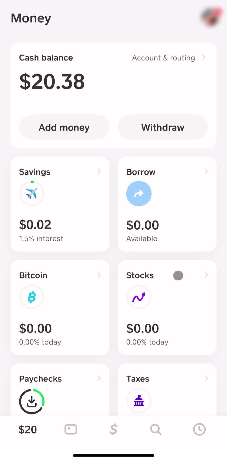 Cash App Home screen in the Filtering Stocks flow